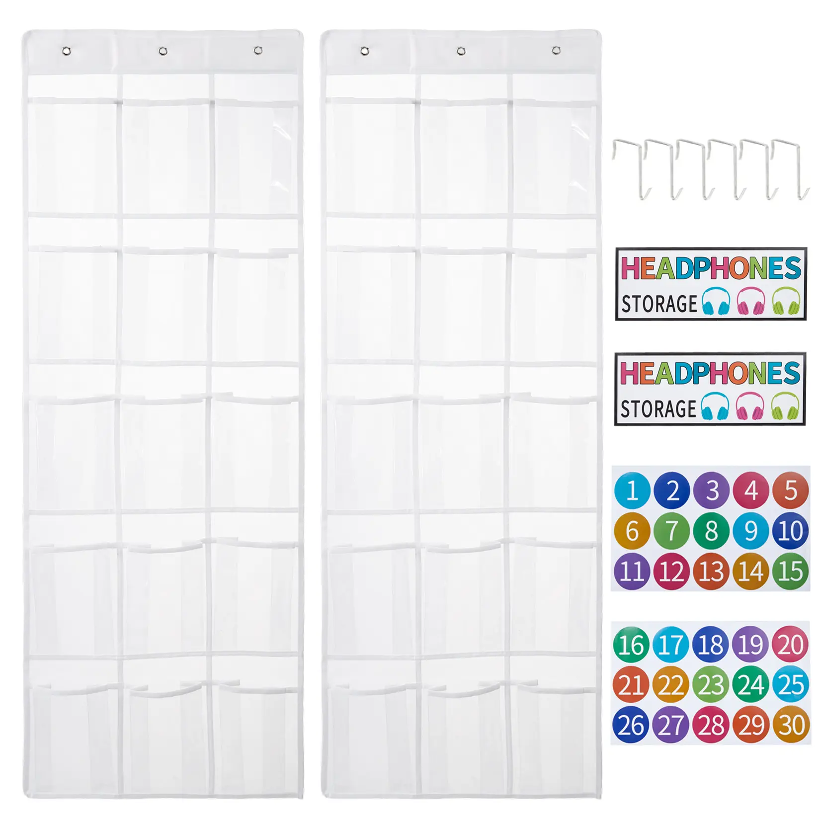 2 Pack Classroom Headphone Storage Pocket Chart 15 Slot Organizer with Number Stickers Hooks for School Earbuds Classroom Management