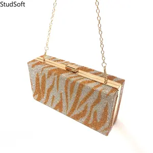 Zebra Evening Clutch Bag Luxury Rhinestone Purse Gold Pink Blue Box Handbag Crystal Animal Print Sparkly Crossbody Shoulder Pouch for Wedding Party