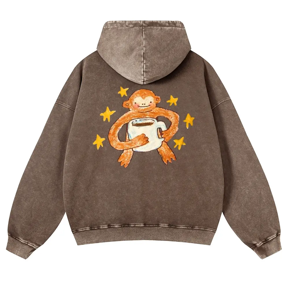 Unisex Smiling crayon monkey holding a coffee cup with five-pointed stars Graphic Washed hoodie Personalized Pattern Y2k Clothing Round Neck Washed hoodie,Women's Clothing 100% Cotton, Menswear, Top, Vintage Style,Summer Casual Oversized