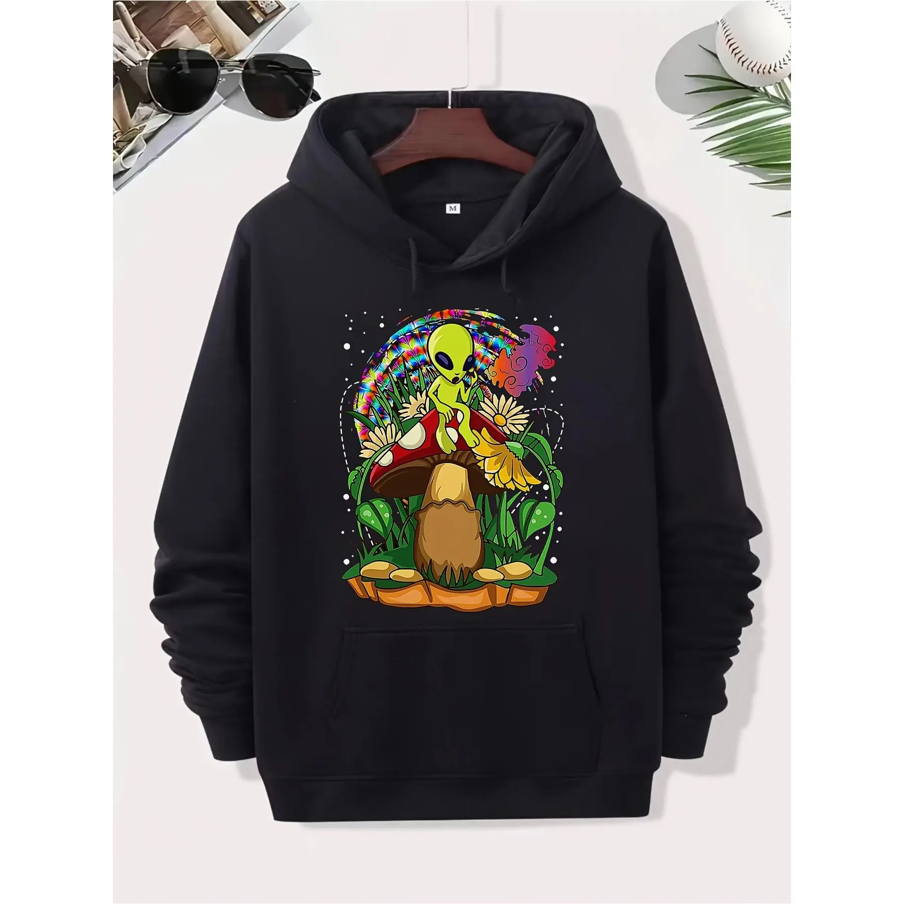 Men's "I'm Not Saying I'm Crazy" Graphic Hoodie - Colorful Mushroom Alien Journey Design, Long Sleeves, Comfortable Cotton, Casual Street Style, Polyester Blend, Crew Neck, Regular Fit, with Pockets