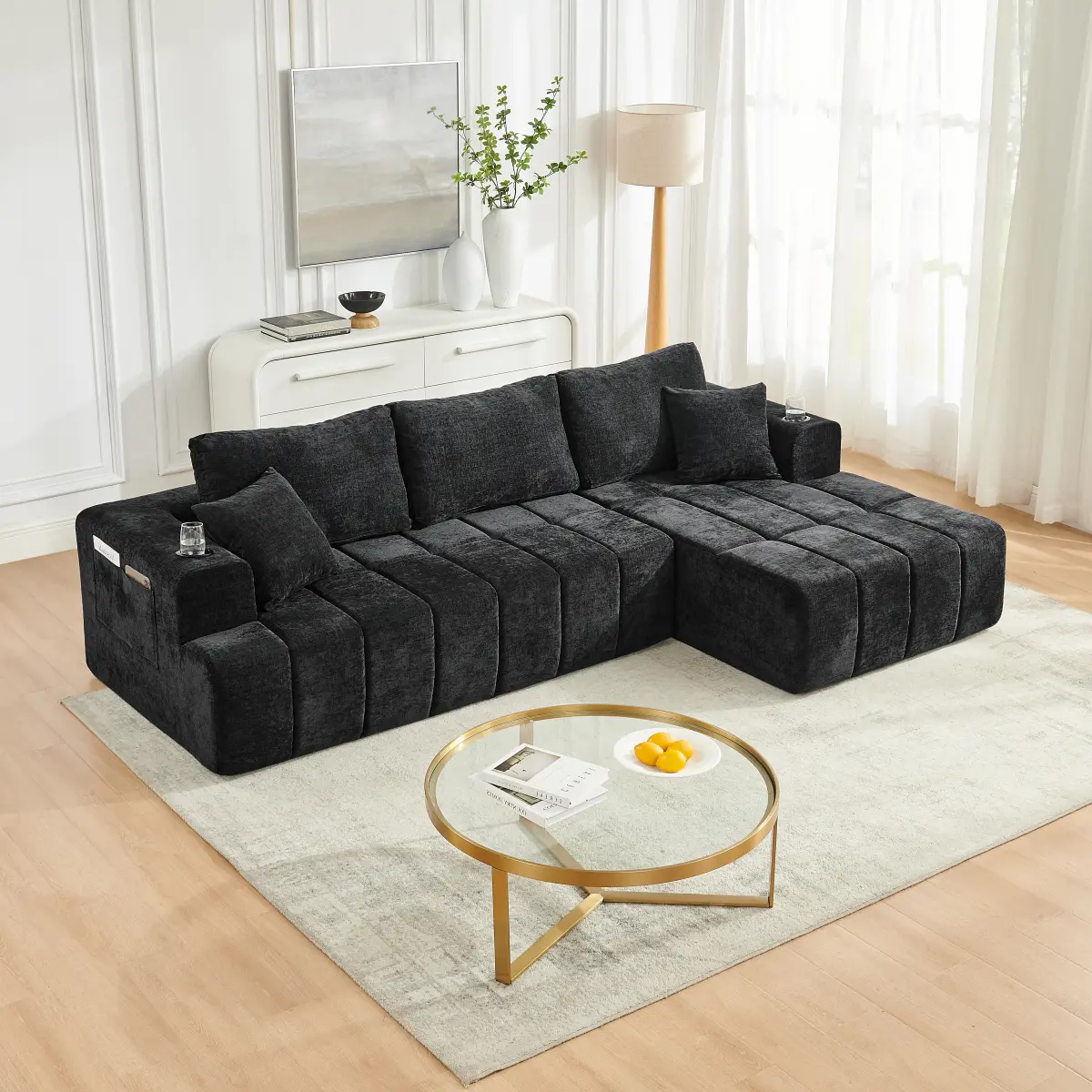 108" L-Shaped Chenille Sectional Sofa – Oversized Cloud Couch with Chaise, Cup Holders & Side Storage Pockets, Modern Upholstered Compression Sofa, No Assembly Required, Black