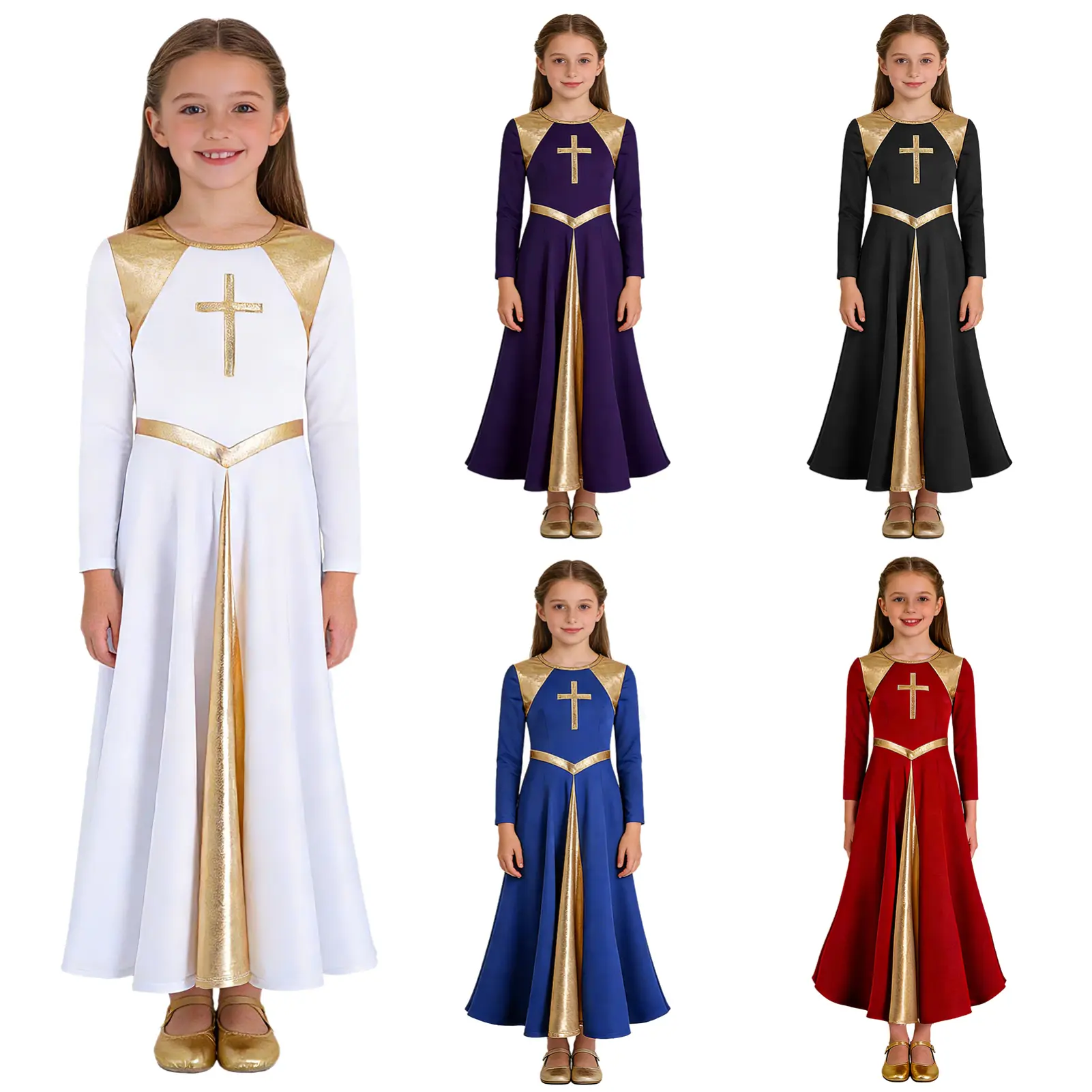 easyforever Praise Dance Dress for Girls, Metallic Cross Print Liturgical Gown with Long Sleeves, Slim Fit Crew Neck, Formal Wear, Modest Church Outfits, Full Sleeves, Maxi Length, Spandex Blend, Metallic Accents, Regular, Year-Round, 32"/82Cm, Long Sleev