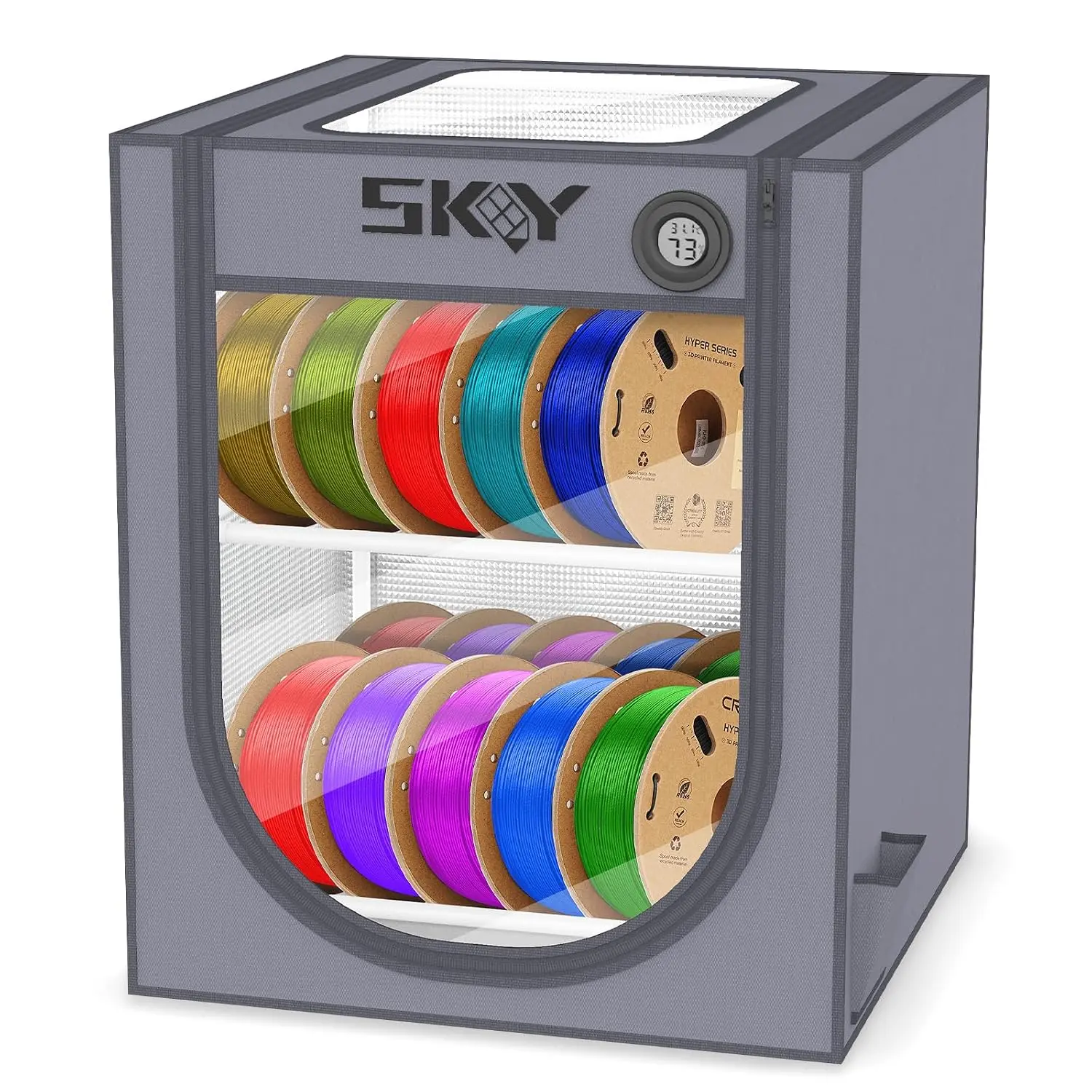 Printer Filament Storage Box with Thermo-Hygrometer - 2 Tiers Metal Filament Storage Rack with Cloth Cover,-  Filament Holder for , Office Workshop, Studio 20 Rolls - Grey