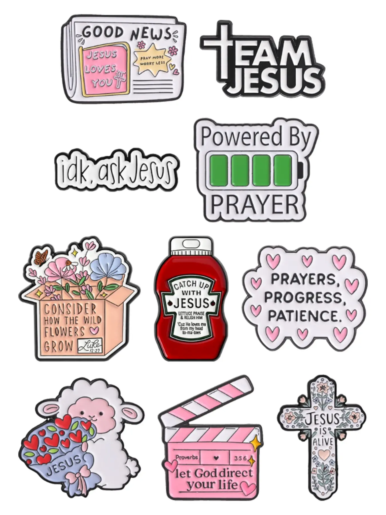 Multi Cartoon Religious Enamel Pin Set, Team Jesus Powered by Prayer, Wild Flower Hard Enamel Lapel Pin, Christian Youth Spiritual Gift