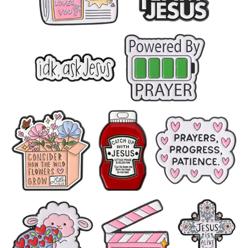 Multi Cartoon Religious Enamel Pin Set, Alloy, Team Jesus Powered by Prayer, Wild Flower Hard Enamel Lapel Pin, Christian Youth Spiritual Gift, Brooch Pin Clip
