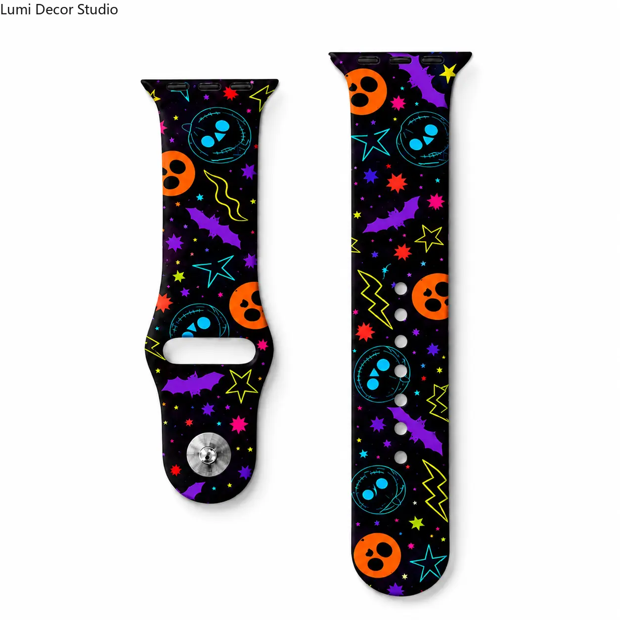 Neon Halloween Silicone Watch Band - Colorful Pumpkin Bat Skull Print Adjustable Strap for Smartwatches, Daily Wear and Party Outfits