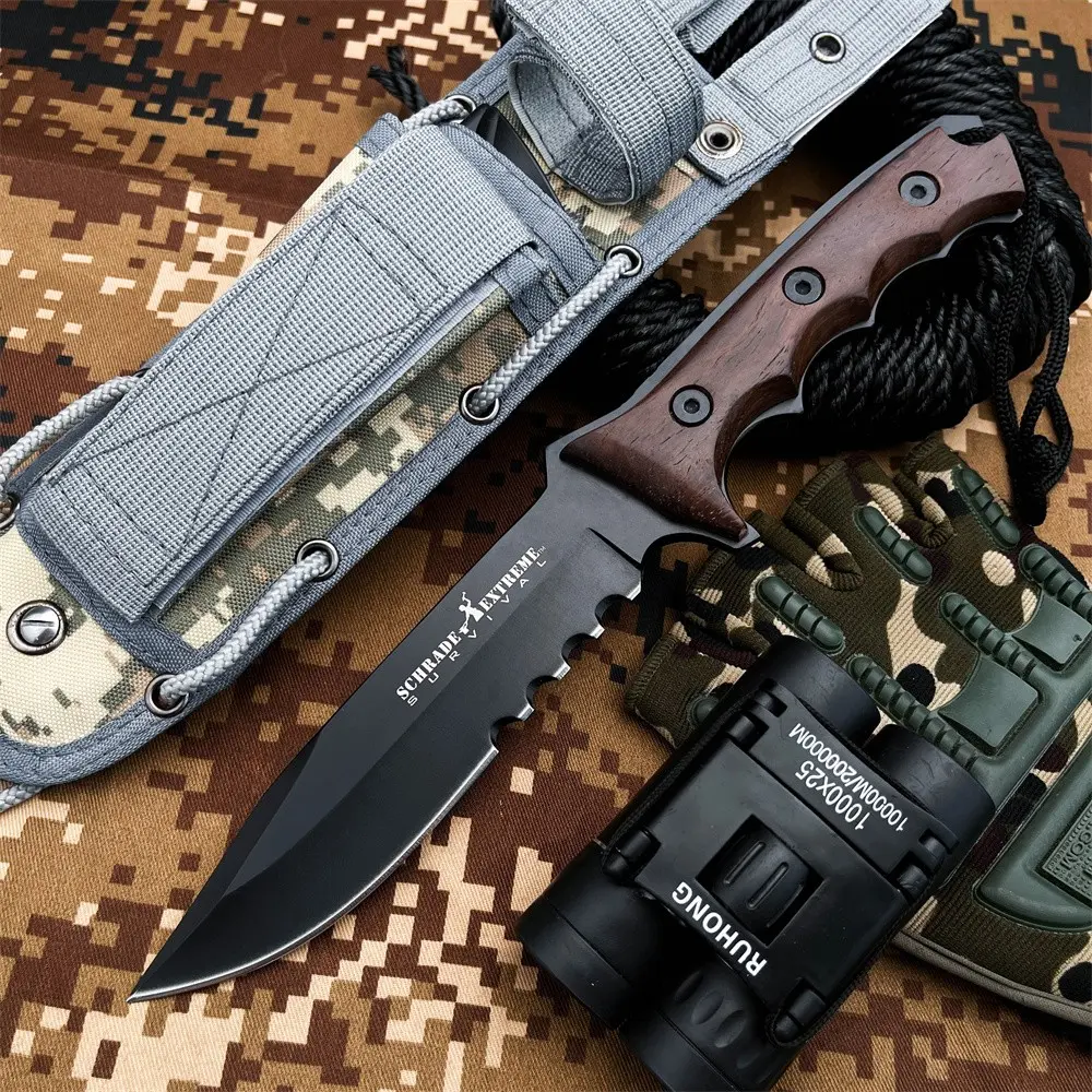 Outdoor multi-functional tactical survival straight knife, ergonomic chickenwood handle, high-hardness black-coated 7Cr13Mov blade, camouflage nylon sheath, suitable for jungle exploration, camping hiking, wilderness survival, Outdoor Survival Tools