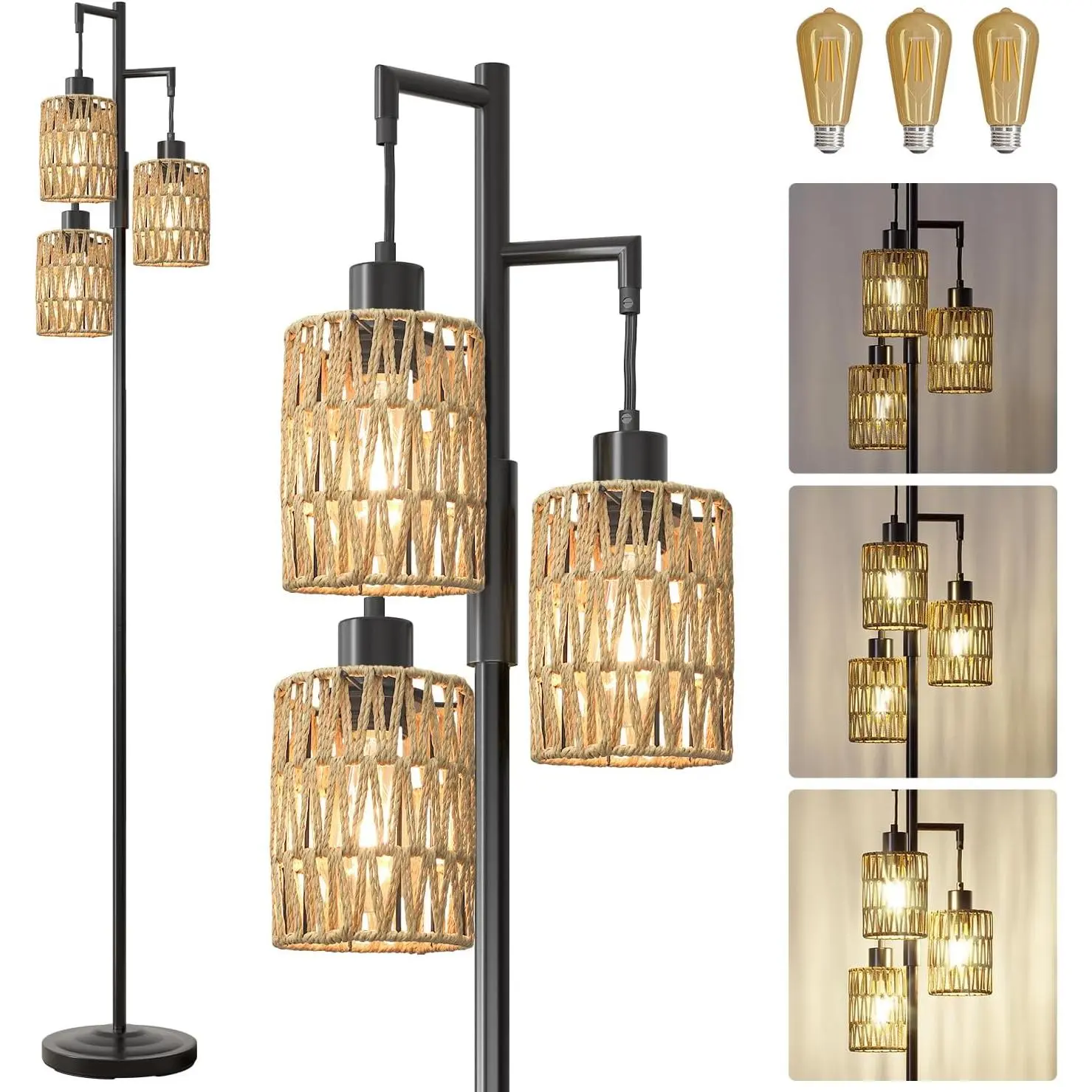 68" Floor Lamps for Living Room, Stepless Dimmable Boho Floor Lamp with 3 Bulbs, Tall Farmhouse Industrial Corner Standing Tree Lamp for Bedroom, Office, Study Room, Dining Room, Black
