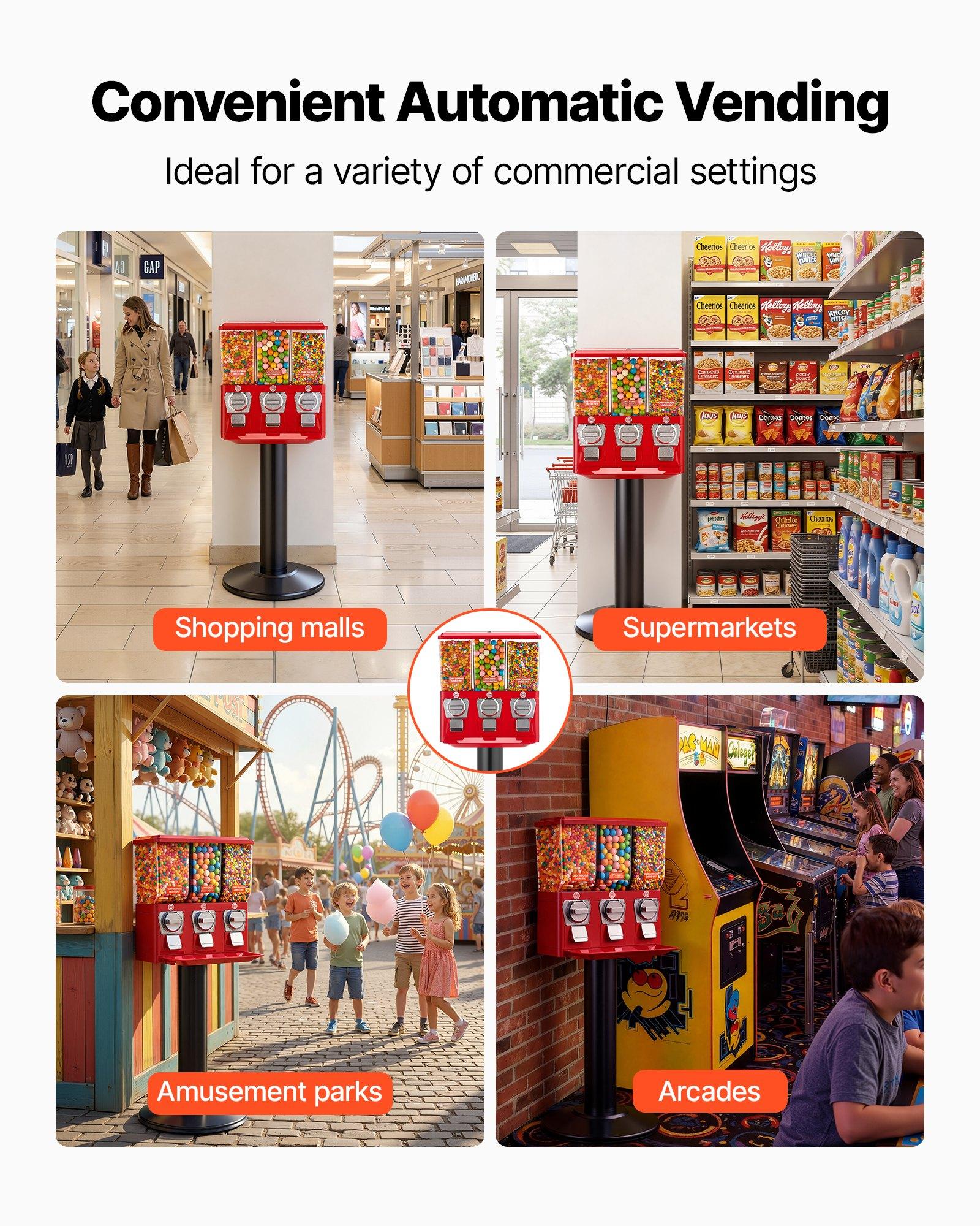 VEVOR Candy Vending Machine, Triple Compartment Candy Vending Machine with Stand, Gumball & Candies Vendings Machines with Built-In Cash Box, Detachable, Vintage Candies Dispenser for Shops, Arcades
