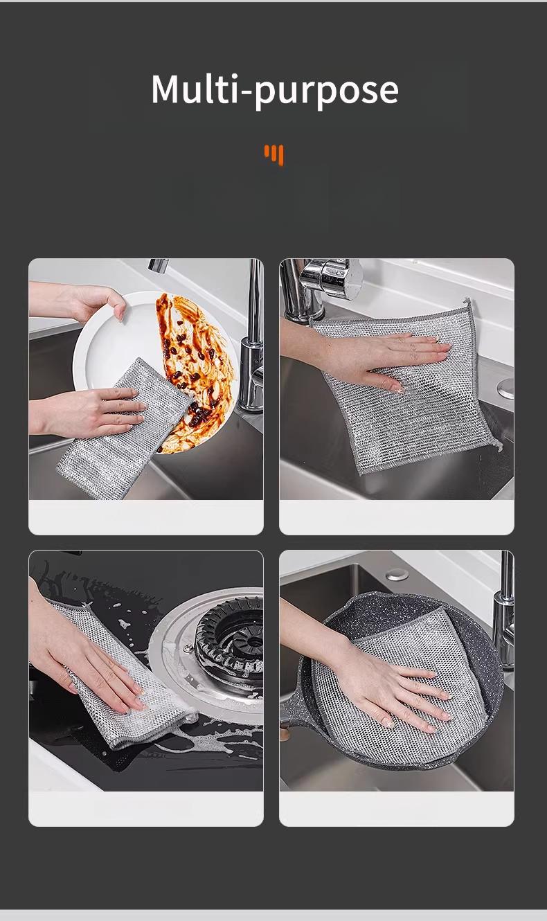 Thickened Dual-Layer Silver Wire Scrubber, Double-Sided Strong Cleaning, Oil-Resistant & Easy to Rinse, Kitchen Dishwashing Cloth