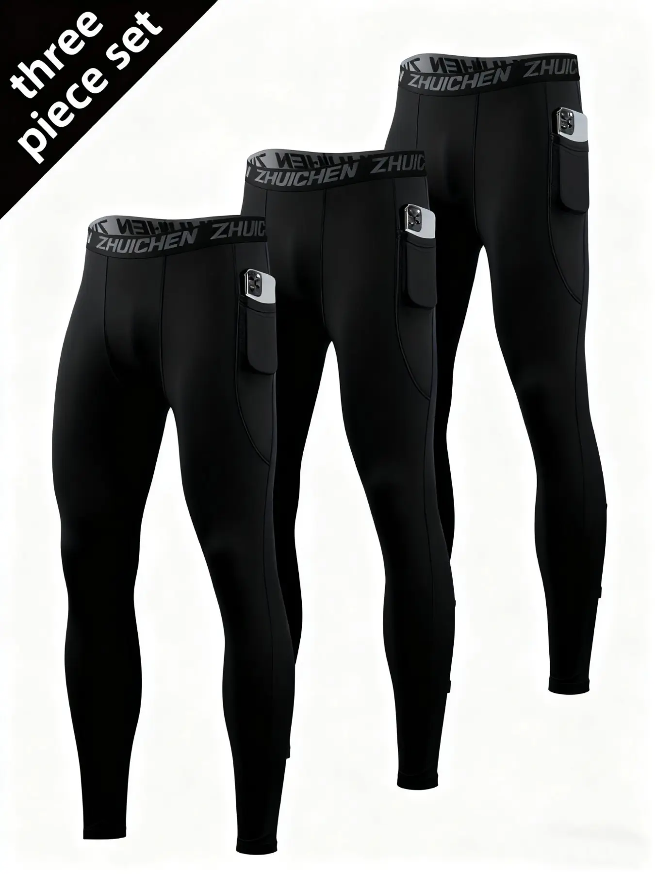 3-Pack Men's Athletic Leggings, Long Compression Pants with Pockets, High Elasticity Quick-Dry, Comfortable for Daily Use, Running, Fitness, Outdoor Activities
