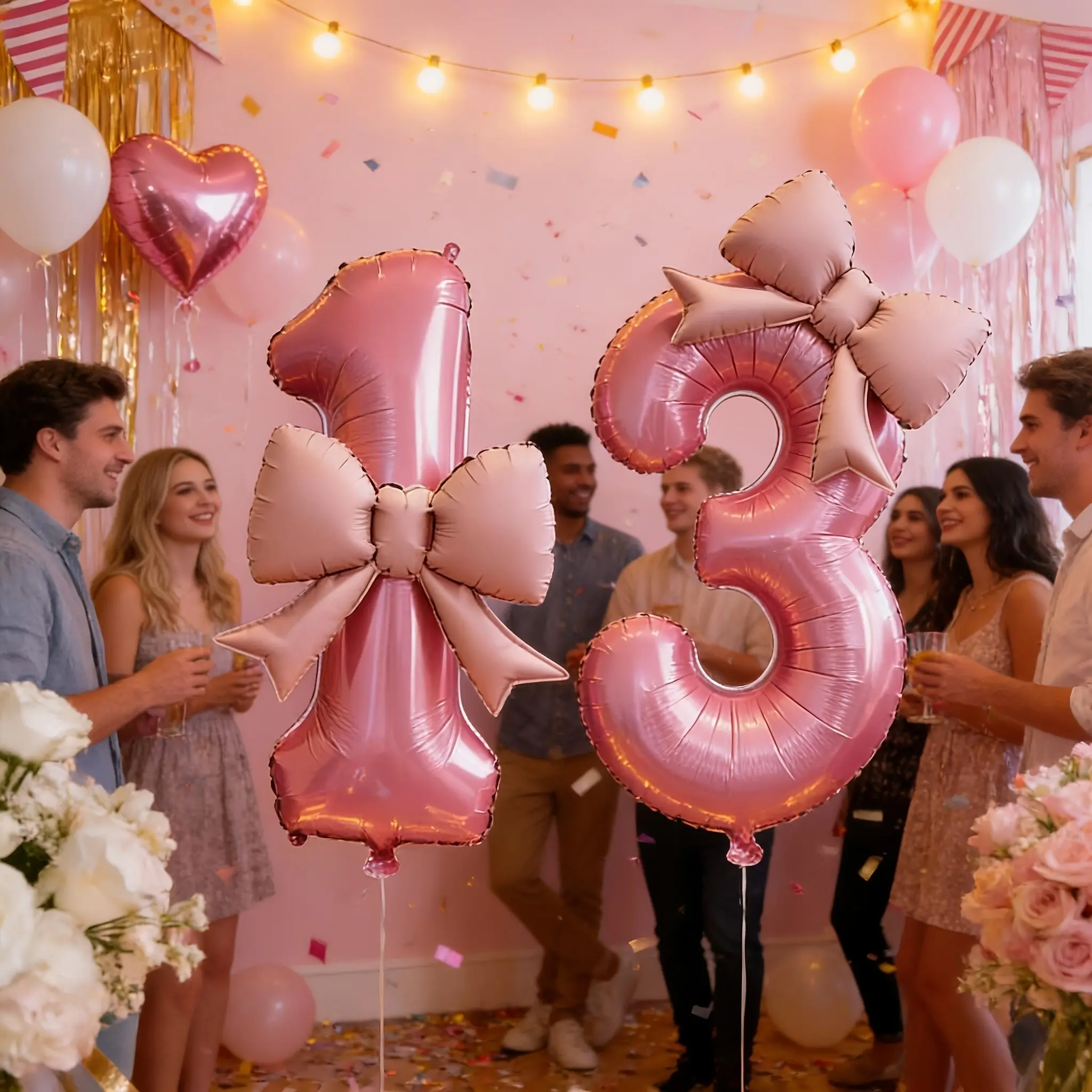 5pcs 32 inch pink digital 13 balloon+21 inch pink bow aluminum foil balloon set, 13th birthday party decoration, teenage birthday decoration, anniversary celebration background, photo atmosphere balloon decoration