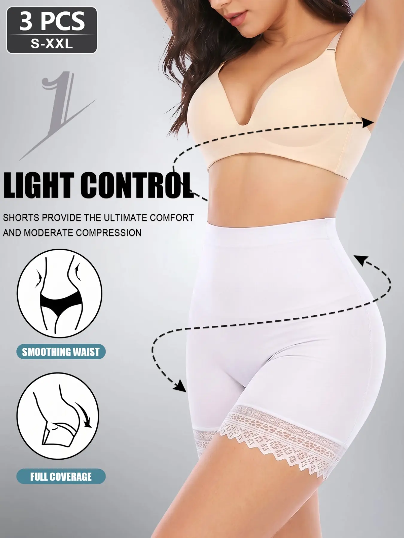 3-Pack Seamless High-Waist Lace Shapewear Shorts, Abdominal Control, Butt Lifting, Anti-Roll Safety Pants, Women's Anti-Chafe Daily Underwear