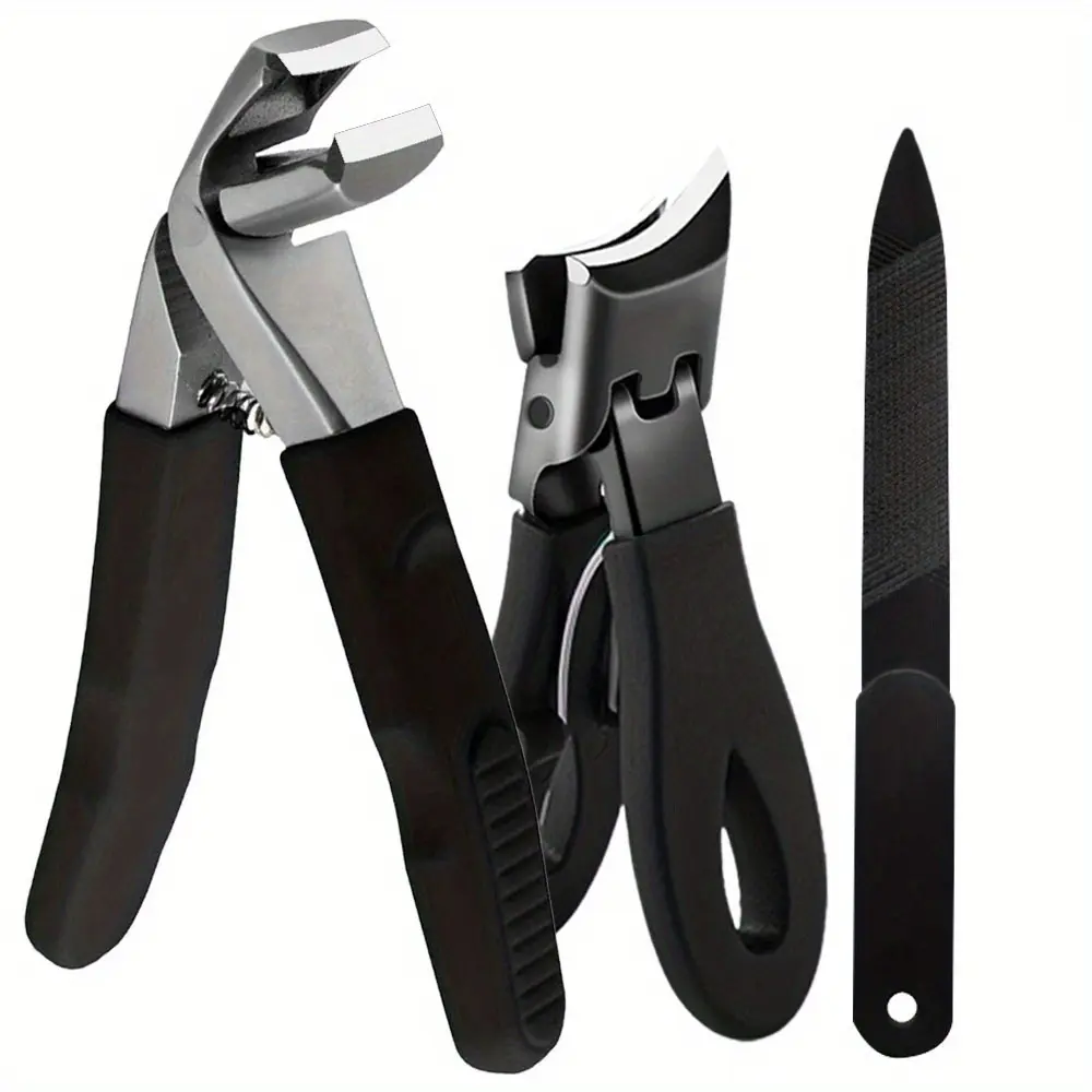 3Pcs Black Handle Wide Jaw Thick Nail Clipper Set Large & Small Flat Big Opening Nail Cutter Metal Nail File For Elderly Thick Hard Toenail Home Pedicure Tools