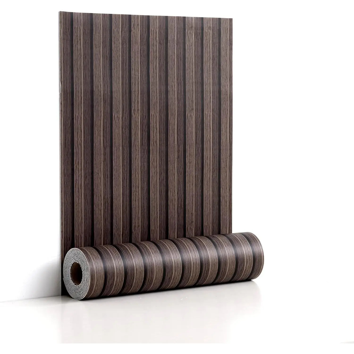 Peel and Stick PVC Slat Wall Panels, Wood Grain Self-Adhesive Soundproof Moisture-Resistant Paneling, 3D Faux Wood Panels for Bedroom Bathroom Walls & Ceilings 118"x15.75"(Dark Walnut,13Sq.ft)