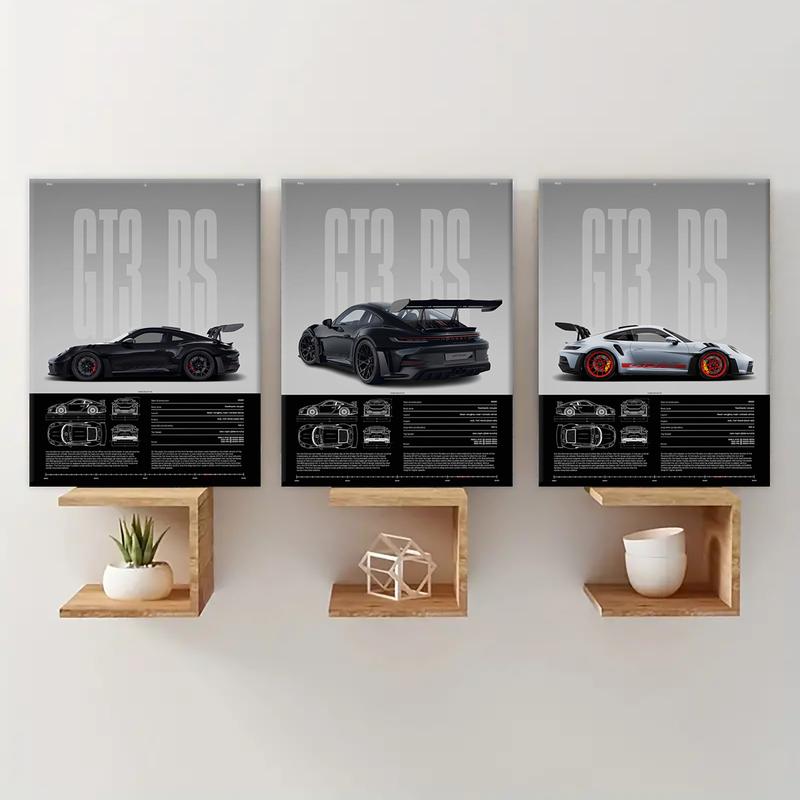 3 Counts Wooden Framed Canvas, Porsche GT3 RS Series Poster, Exquisite Fashion Poster, Modern Art, Abstract Design Wall Art for Living Room, Waterproof Artwork, Ideal Gift for Family