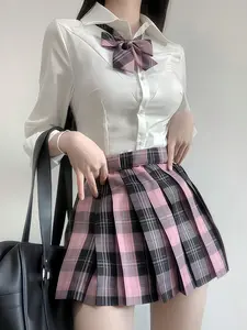 Vintage Sweet Cool School Uniform Jk Set, Long Sleeve Dress + Tie, Block, Plaid Pleated Skirt, Preppy Style, All Seasons