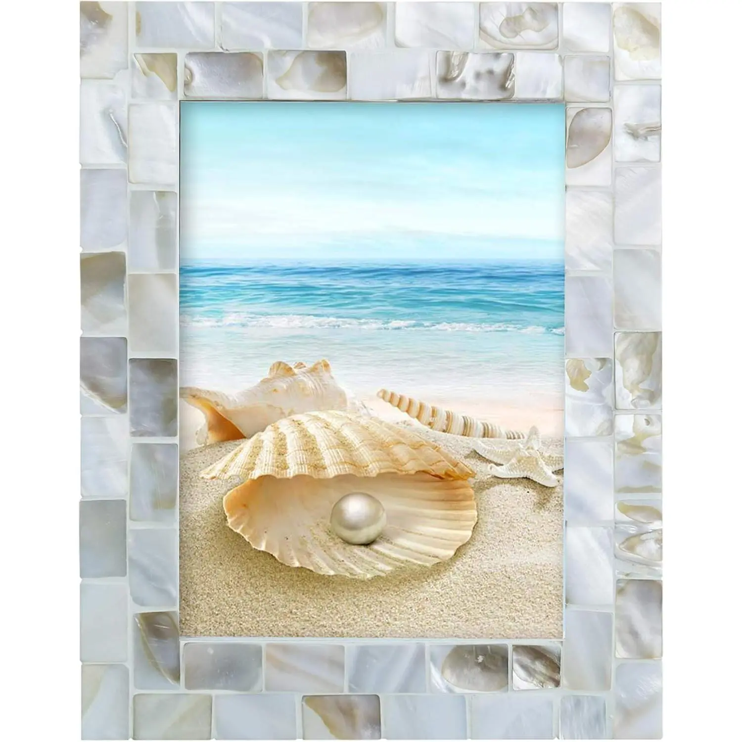 Handmade 5" x 7" Vintage Mother of Pearl Photo Frame, Unique Natural Style Chic Mosaic Beach Picture Frame for Tabletop or Wall Hanging Display (White, 5x7)
