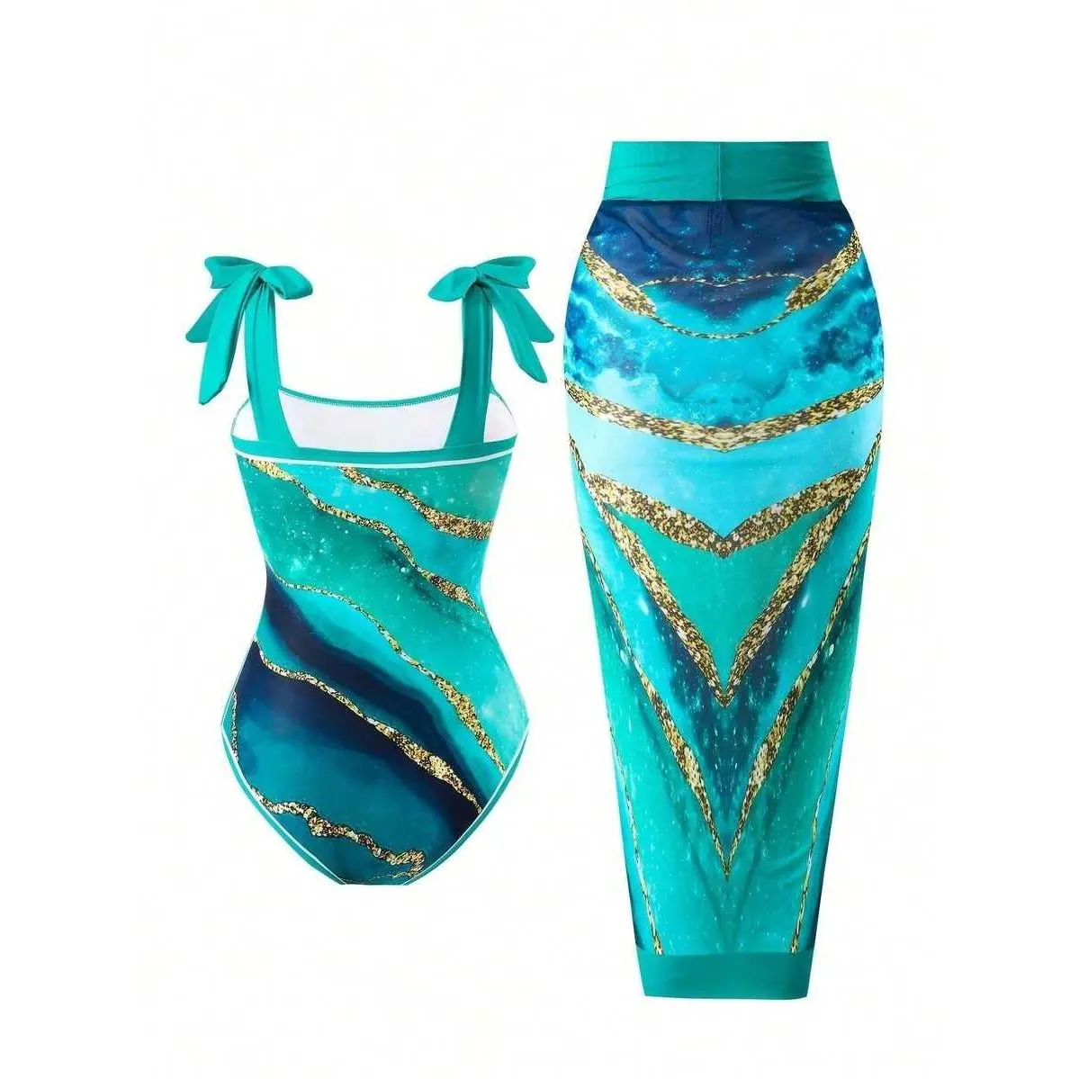 Teal Marble Print Bow Strap One Piece Swimsuit With Matching Sarong Cover Up Swimsuit Coverup Bikini Coverup