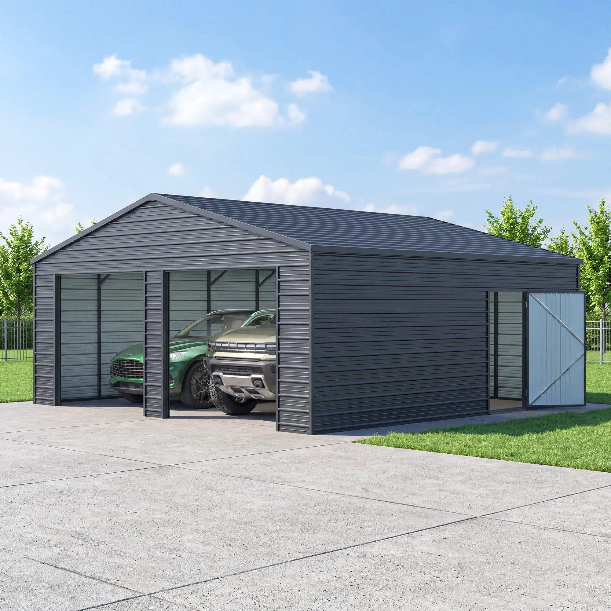ARCH Heavy-Duty 22x23 ft Metal Garage Shed with Side Door, Q235 Steel Frame, Galvanized Panels, Apex Roof, Vehicle Parking, Workshop, Farm Equipment Storage, Outdoor Shelter, Black, DIY Assembly, Black Color Options, Steel/Steel (Q235) Material