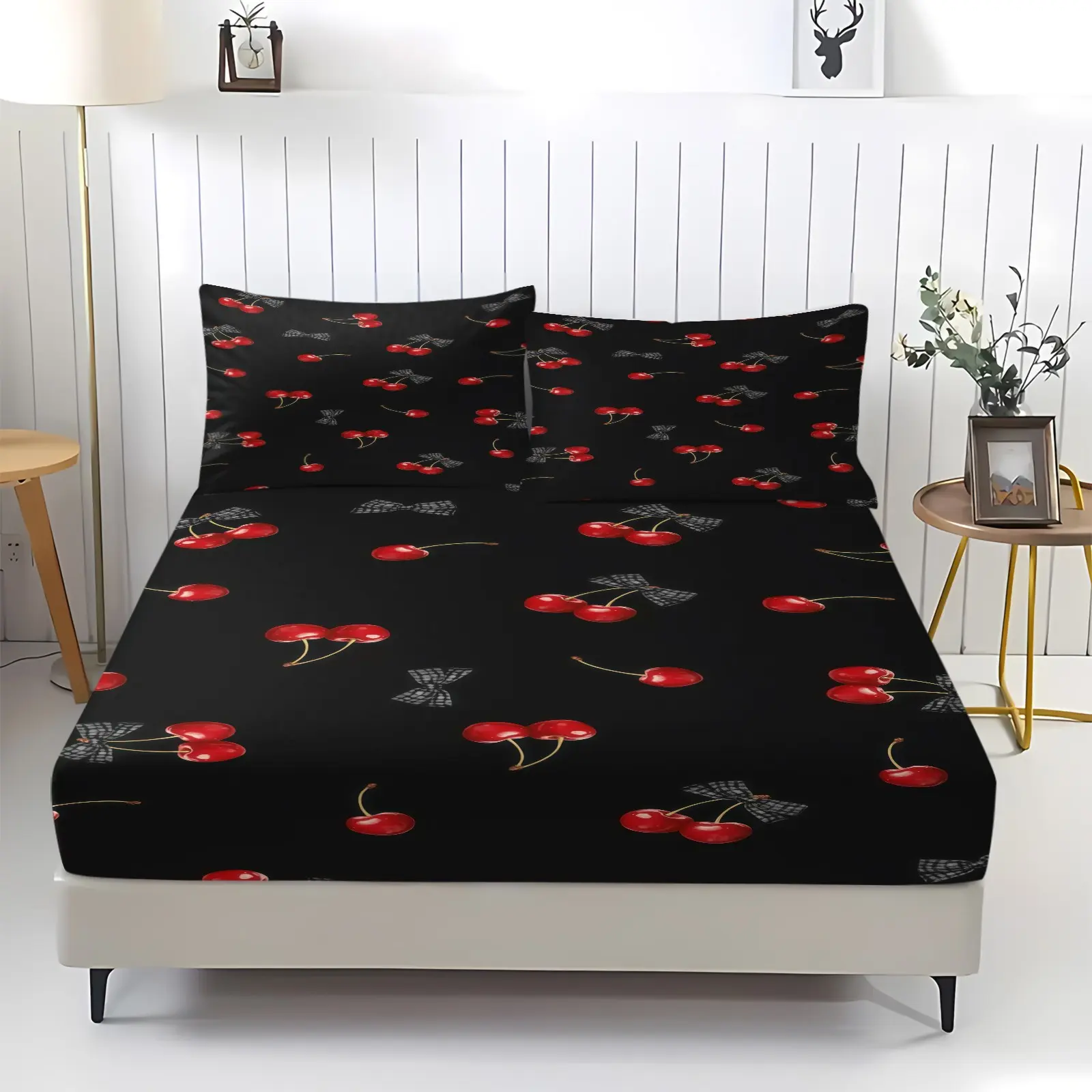 Cherry print pattern bed sheet, including 1 sheet and 2 pillowcases, comfortable bedding, non slip dust cover suitable for bedrooms and guest rooms, suitable for children or adults as gifts, Printed Bedding Set