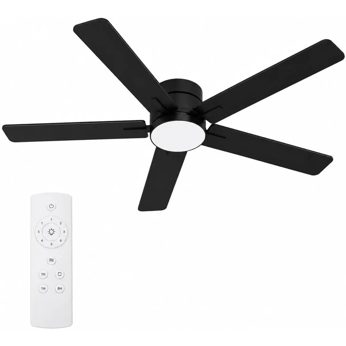 52 Inch Low Profile Ceiling Fan with Light and Remote, Black | Five composite wood blades extend balanced circulation across living rooms, dining areas, bedrooms, and covered patios.