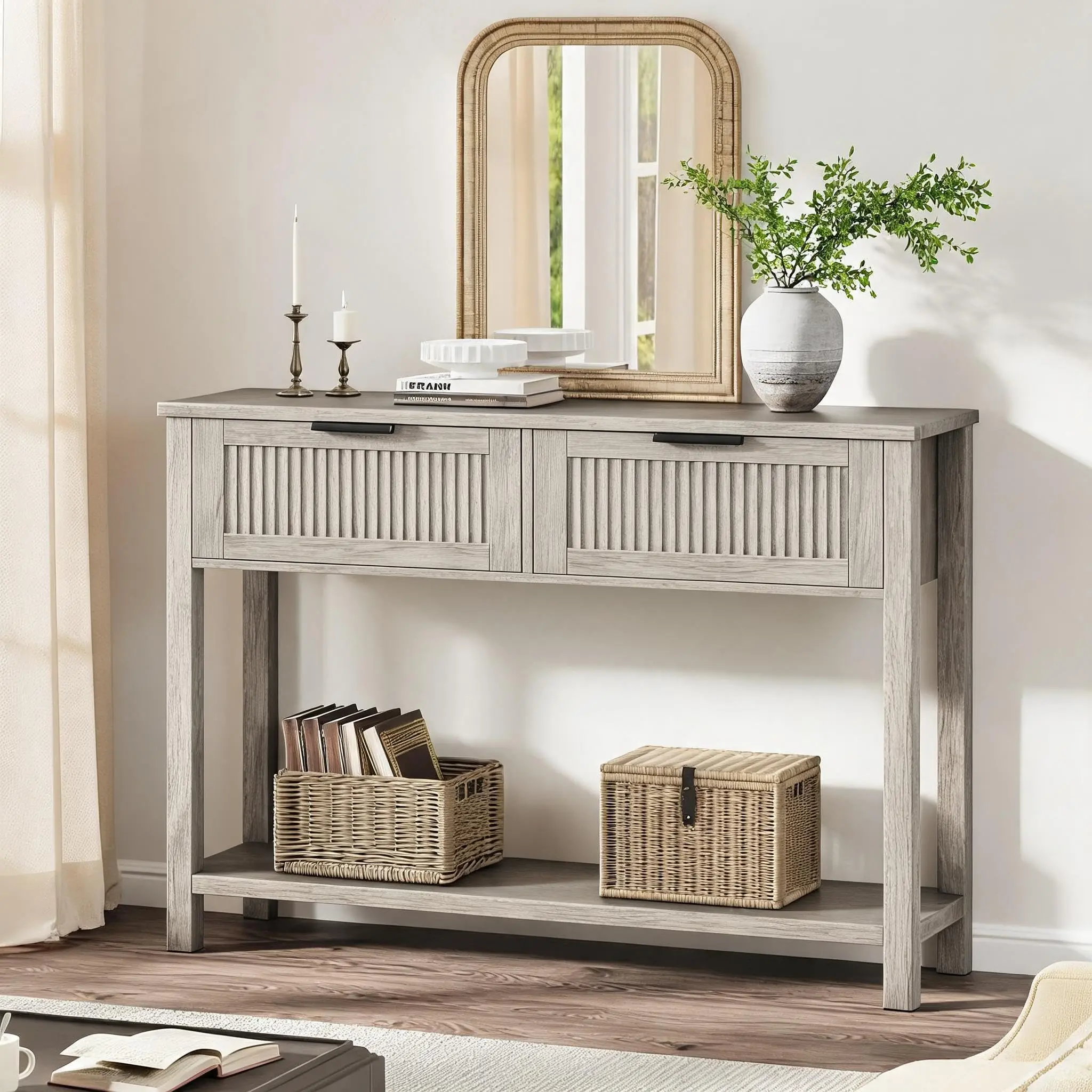 Gaomon Farmhouse Fluted Rectangular Wooden Console Table - 43" with 2 Drawers, 2-Tier Storage Shelf, Wooden Counter Top Entryway Hallway Living Room Indoor Accent Furniture, Hallway Table, Entryway Table