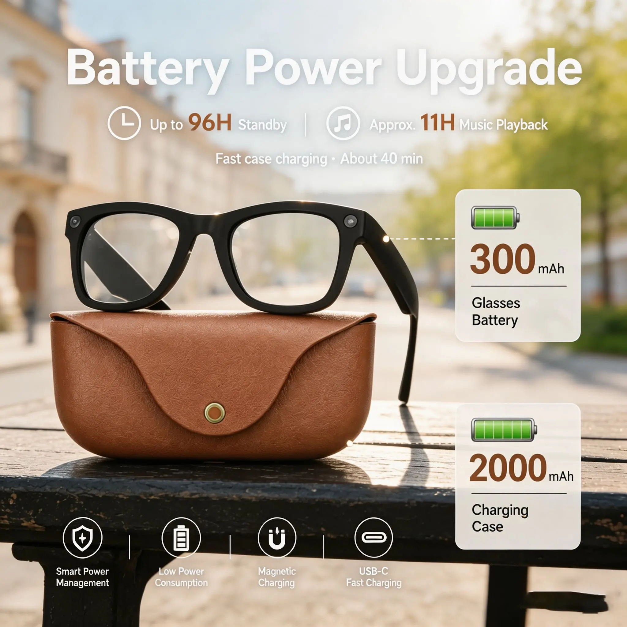New Mt5 Smart Glasses, HD Camera, 2000mah Charger, Bluetooth-compatible, WiFi, Magnetic Charging, Audio Video Recording, Unisex, Work & Daily Use