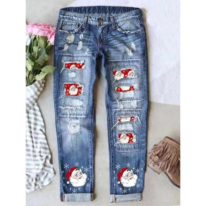 Women's Christmas Print Denim Jeans, Casual Fitted Style, Elastic Waistband, Comfortable Breathable Fabric, Perfect Fit Long Pants