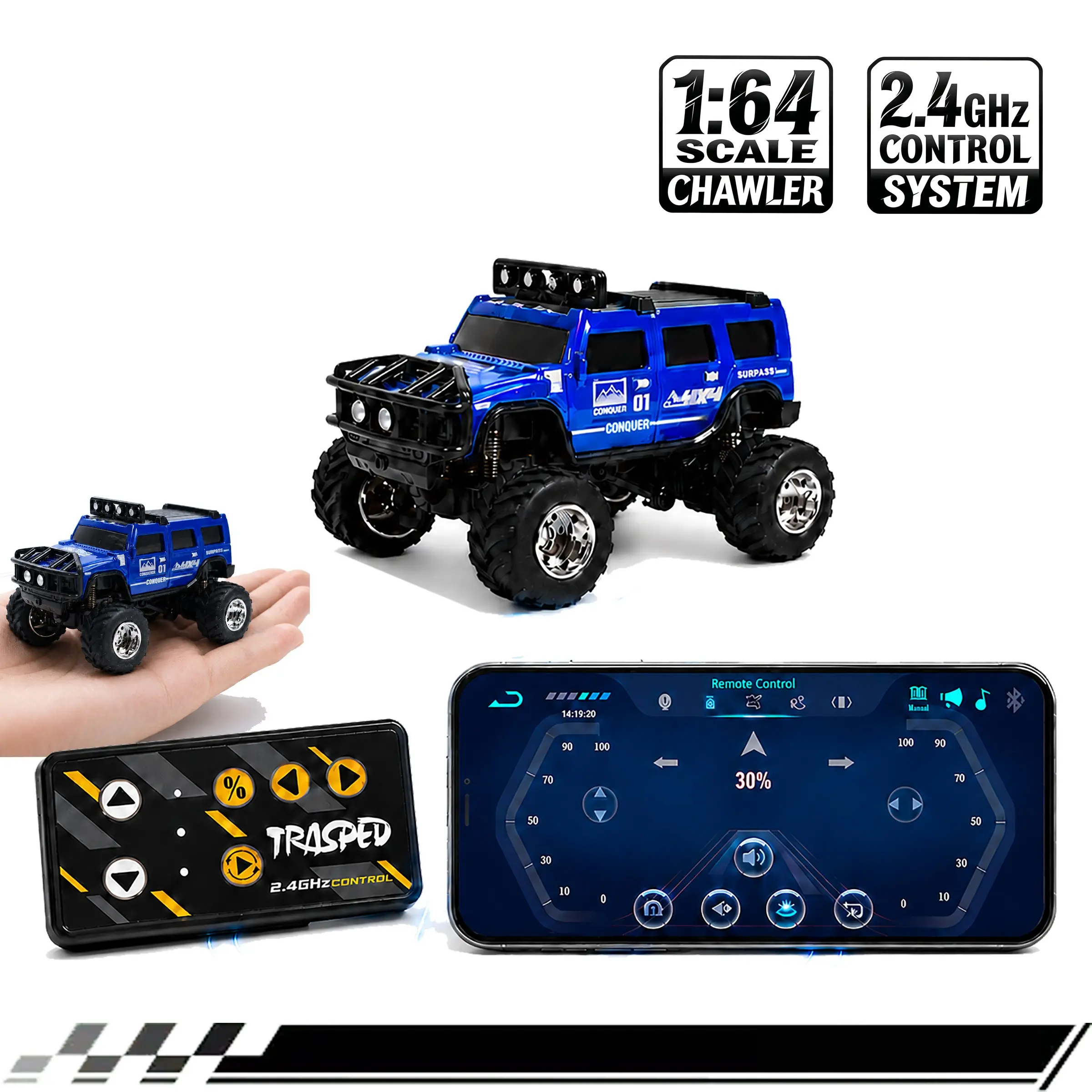 1/64 Mini RC Monster Truck, Metal Off-Road Stomper with Trailer, 2.4GHz Remote Control All-Terrain Vehicle, 3-Speed Adjustable, USB-C Rechargeable, Desktop Play, Indoor Outdoor Racing Toy, Fun Birthday Christmas Gift for Kids Boys
