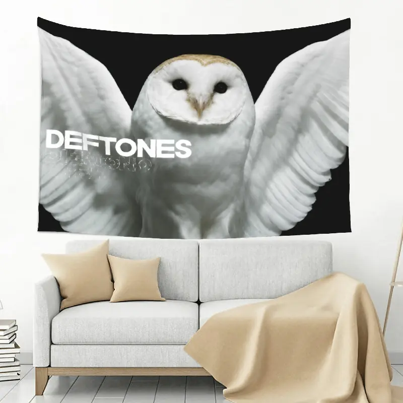 White Owl Wings Tapestry, Front Facing Barn Owl with Fully Spread Wings against a Deep Black Background Wall Hanging for Bedroom Living Room Studio Office, Monochrome Gothic Animal Home Decor, Peach Skin Fabric, Multiple Sizes Available