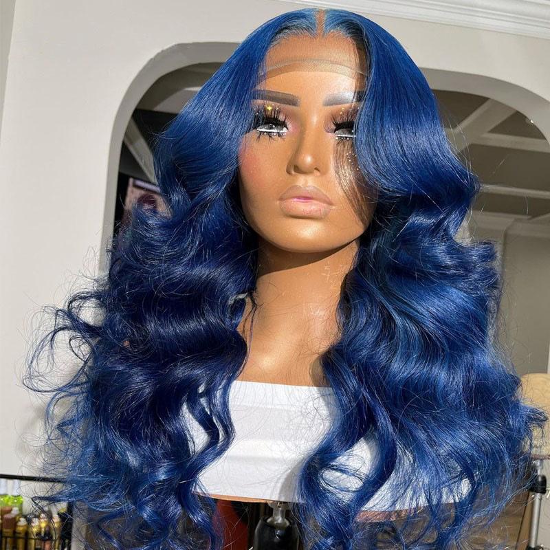 2026 Wig with middle parting, blue large wavy long curly hair, rose net cap