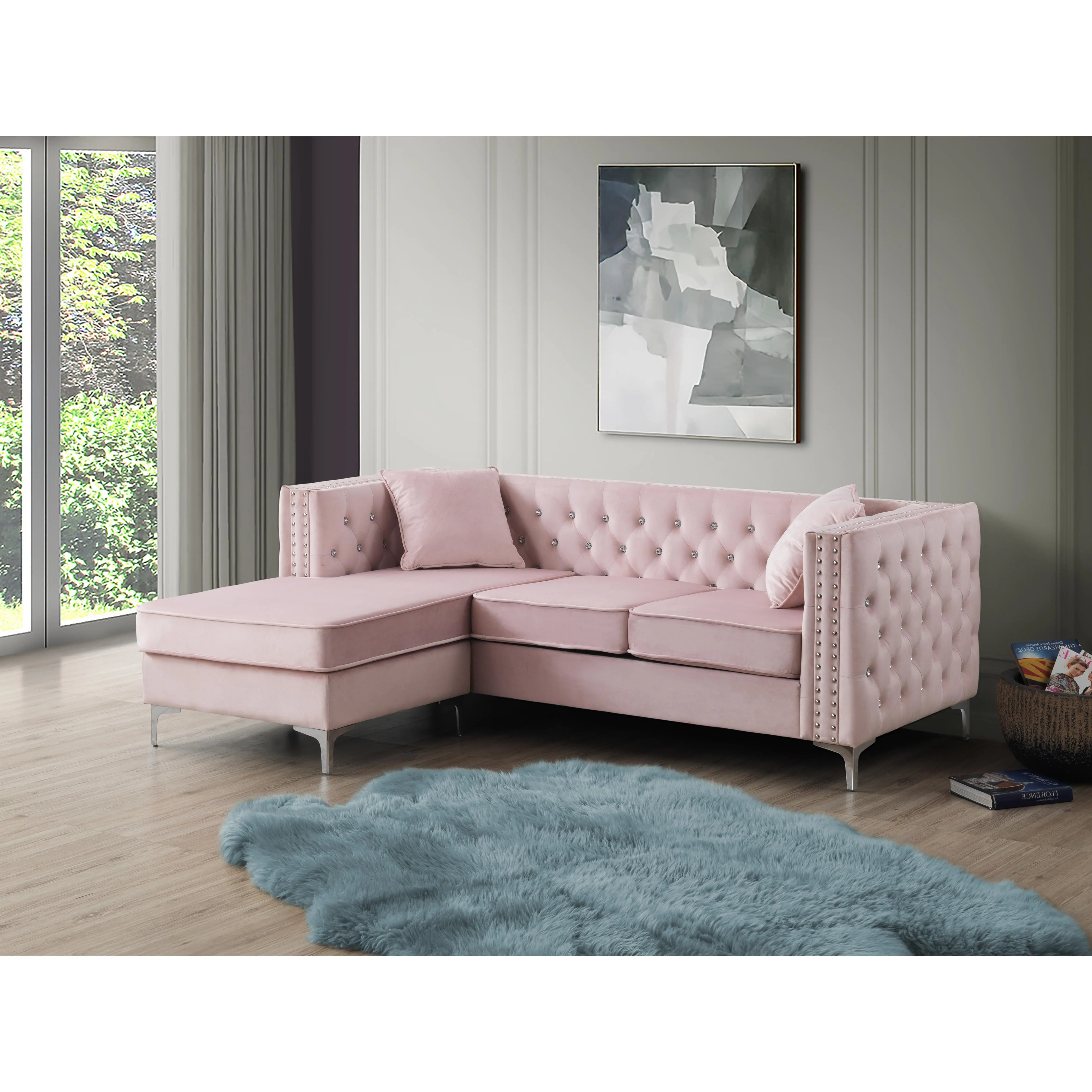 Nokaa Paige G824B-SC Sofa Chaise with Chaise Lounge, Pink Velvet Upholstered L-Shaped Sectional Couch, 3-Seat Indoor Living Room Furniture for Apartment, Family Room, Office, Compact Size, Easy Assembly