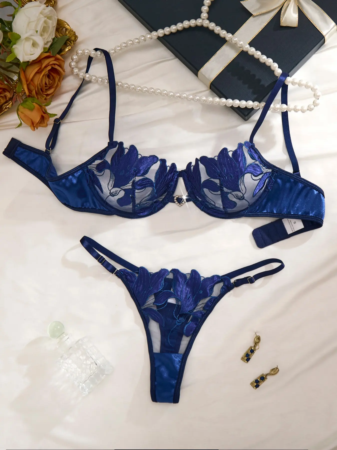 Blue Satin Floral Embroidered Bra Set, Push-Up Bras for Small Bust, Seamless Comfort, Underwire Free, Perfect for Daily Wear & Special Occasions
