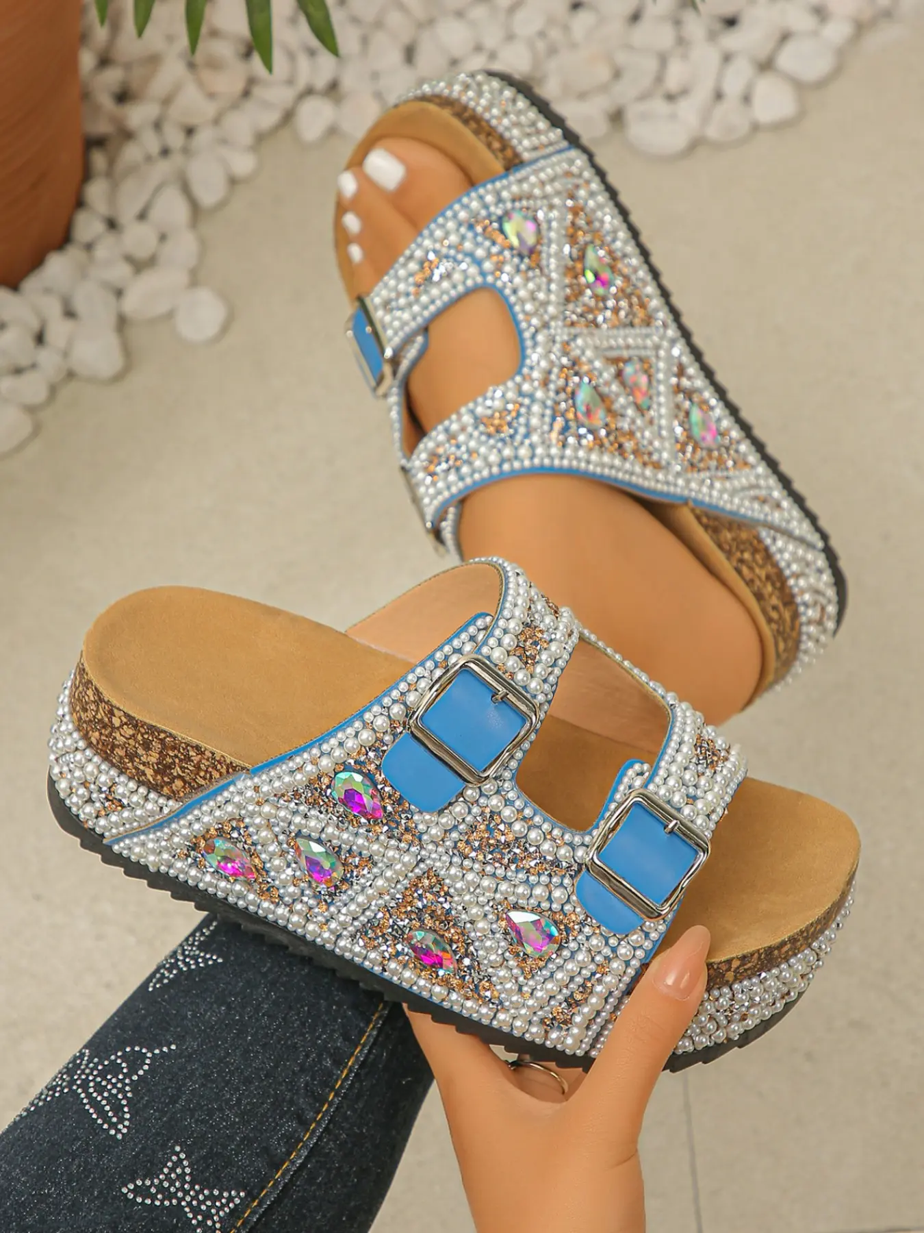 Pearl Rhinestone Thick Sole Flip-Flops, Adjustable Buckle, Height Boost, PU Leather, Rubber Sole, Casual Style, Platform Flip Flop, Women's Shoes