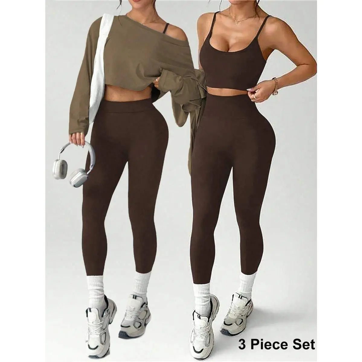 Women's 3-Piece Brown Stripe Autumn Athleisure Gym Set - Loose Drop Shoulder Long Sleeve Cropped Top, Seamless Wireless Bra, Waist Scrunch Butt Leggings - Backless Halter Female Set, Sport Ready Activewear, Sporty Sports Clothing Sets