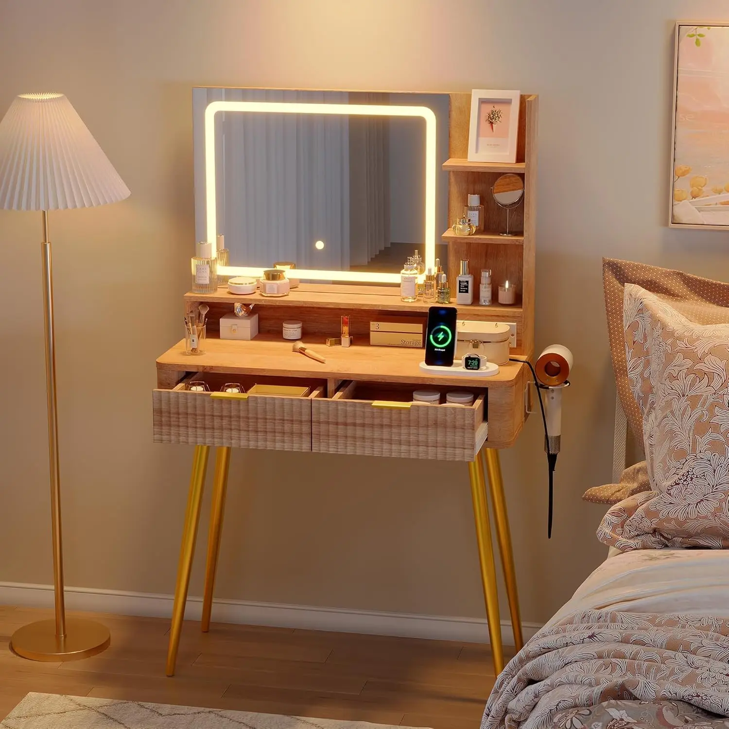 31.5" Makeup Vanity Desk with LED Mirror and Lights, Dressing Table Featuring 2 Drawers, 3 Color Lighting Modes and Built-in Power Outlet for Bedroom Organization, Natural Wood