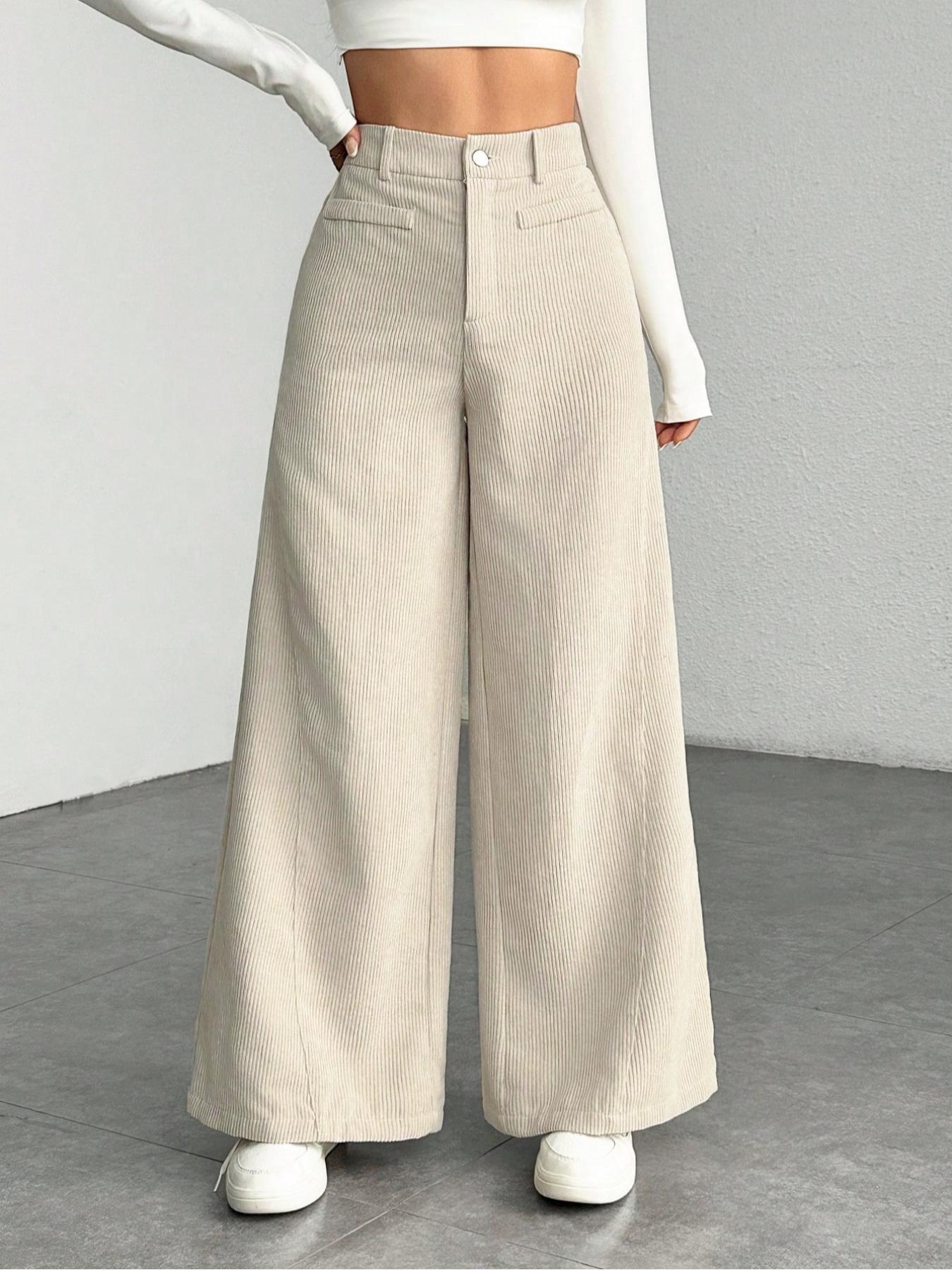 Women's High Waist Wide Leg Corduroy Pants, Casual Straight Fit Long Trousers, Comfortable All-season Solid Color Design, Womenswear