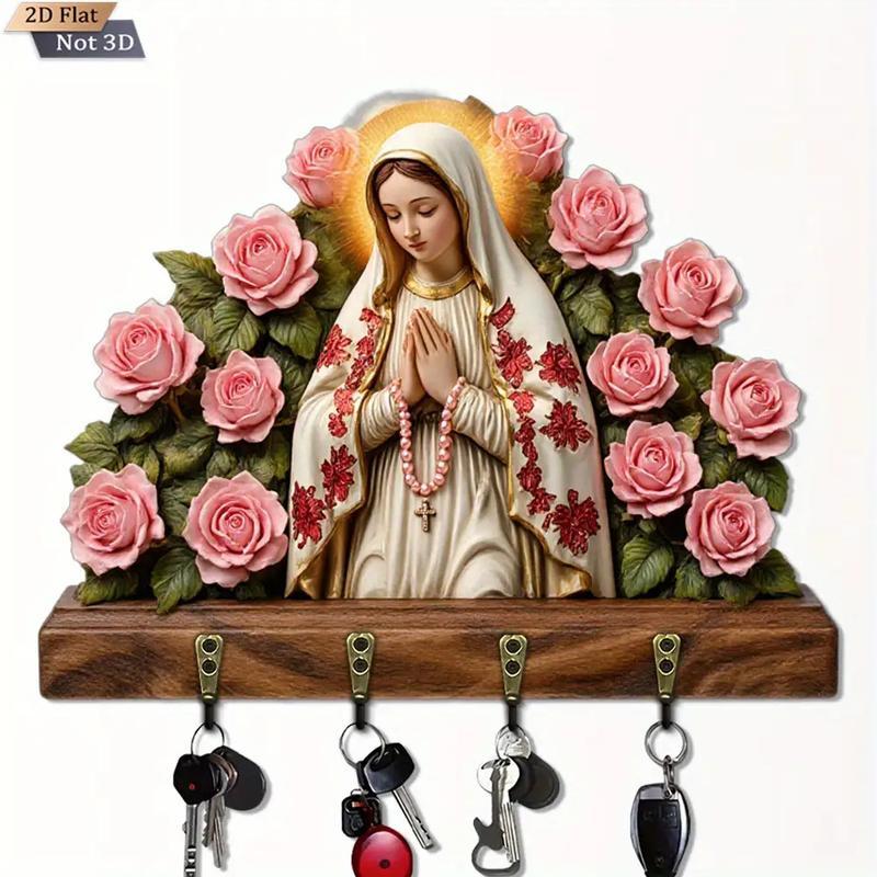 Wall Key Holder with Hooks – Wooden Virgin Mary & Baby Jesus Rose Design, Decorative Wall-Mounted Key Rack with 4 Hooks, Vintage Religious Home Decor for Entryway, Hallway & Living Room Wall Key Holder with Hooks – Wooden Virgin Mary & Baby Jesus Rose Design, Decorative Wall-Mounted Key Rack with 4 Hooks, Vintage Religious Home Decor for Entryway, Hallway & Living Room