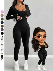 Women's Front and Back U-Neck Long Sleeve Bodysuit High Elastic Slimming Waist-Cinching Hip-Up Skinny Full-Length Pants Black Sports Fitness Daily Versatile Bodysuit Set