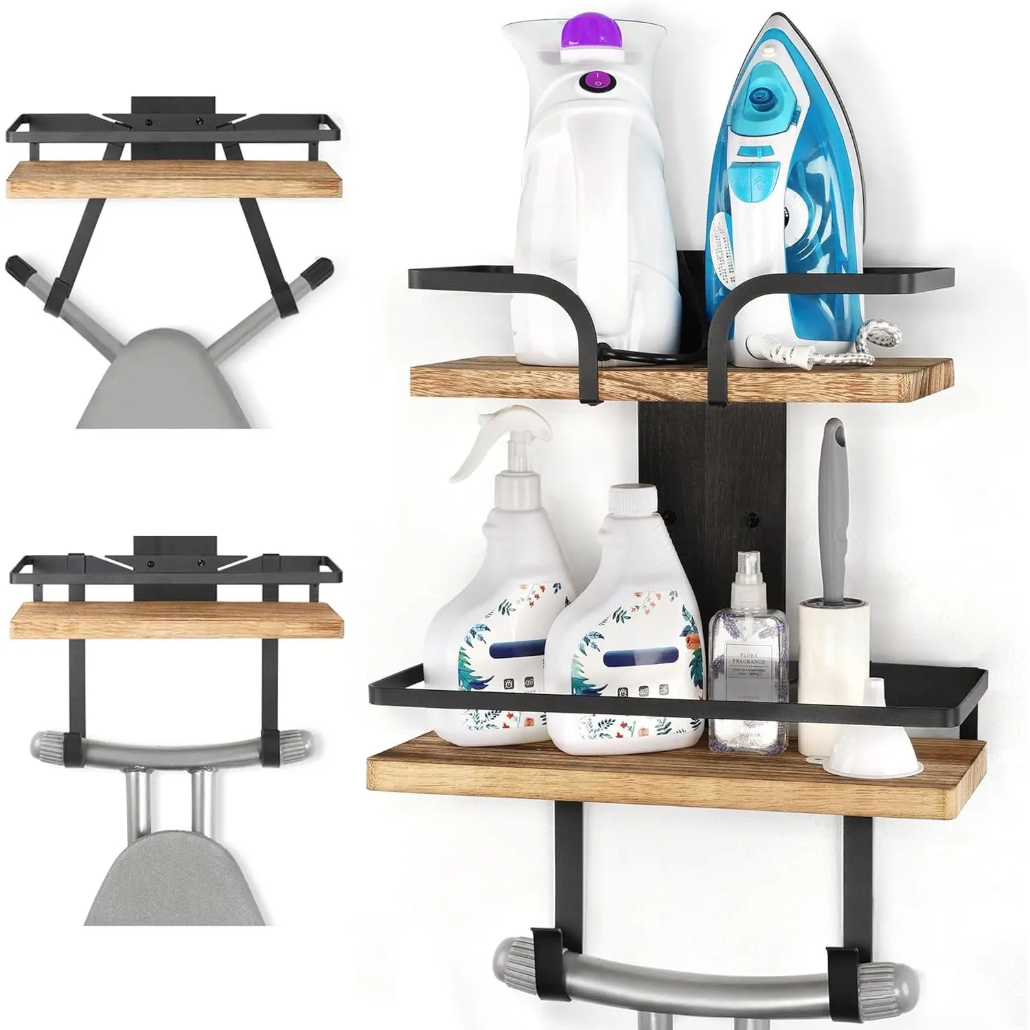 VINAEMO Ironing Board Hanger Wall Mount, 2-Layer Iron and Ironing Board Holder for T&Y Shaped Legs, Extra Large Storage Laundry Room Shelves Solid Wood, Home & Laundry Room Organization and Storage