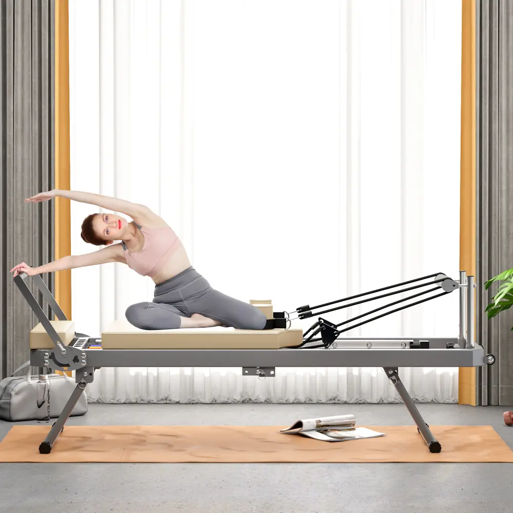 Unisex Foldable Pilates Reformer Machine for Home Pilates Gym, Portable Eco-Leather Care Equipment with High-Strength Alloy Springs, Adjustable Resistance Trainer, Folds Flat, Full-Body Work Support Up to 330lbs, Beige