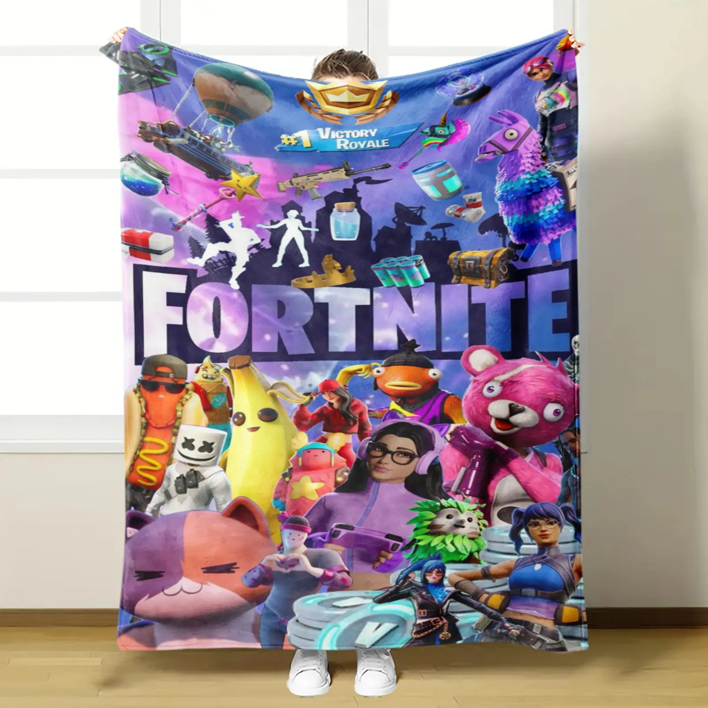Fortnite Victory Royale Collage Fleece Blanket, Game Iconic Skins Llama Banana Bear V‑Bucks Hot Air Balloon Weapon Print Throw Blanket, Soft Warm Plush Blanket for Sofa Bed Teen Gamer Home Decor Gift