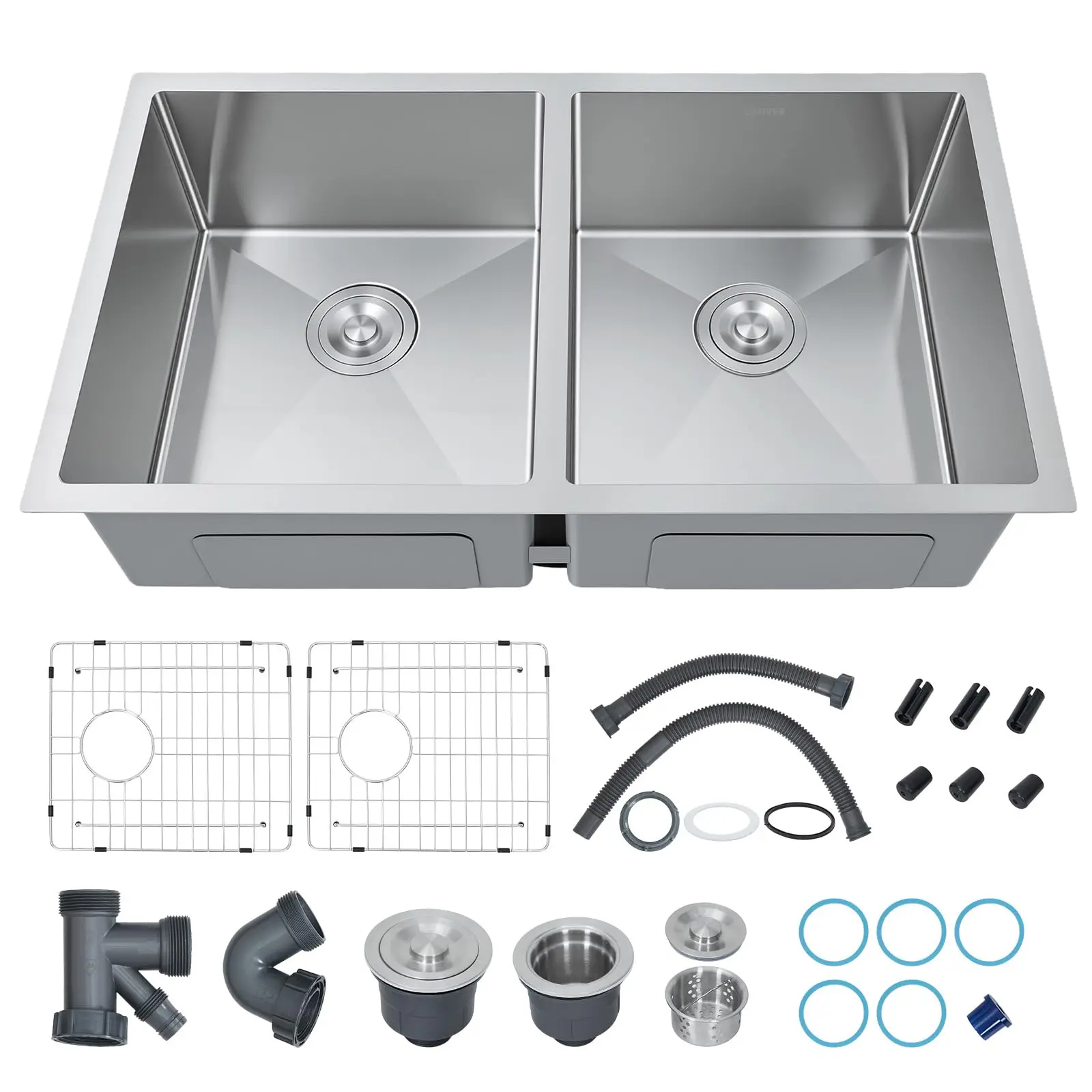 33" Undermount Kitchen basin, Double Bowl - 16 Gauge Stainless Steel  Drop-In Kitchen basin - Sound Dampening & Easy Clean Finish
