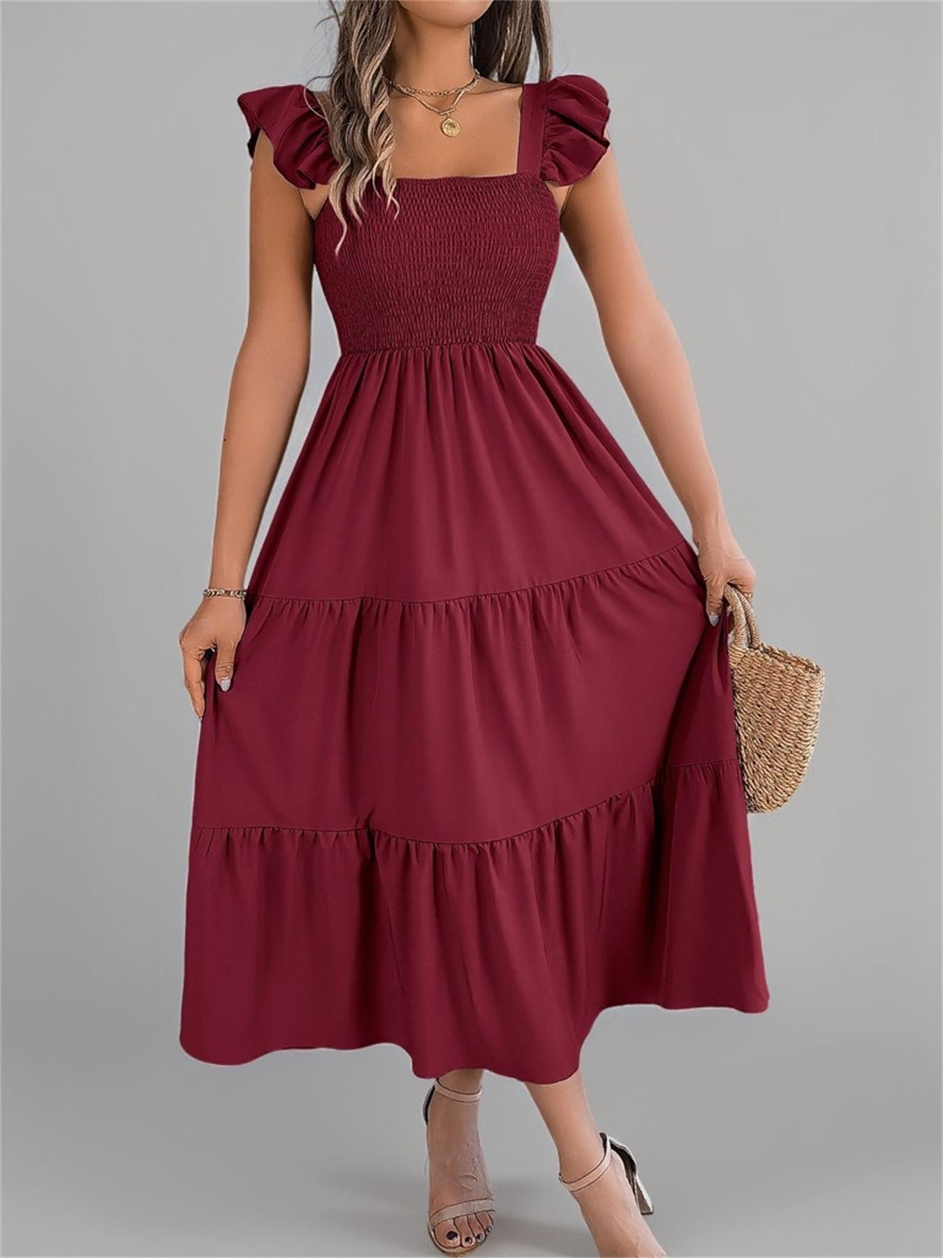 Women's Plain Shirred Dress, Casual Sleeveless Square Neck Dress for Summer, Ladies Clothes for Beach Holiday