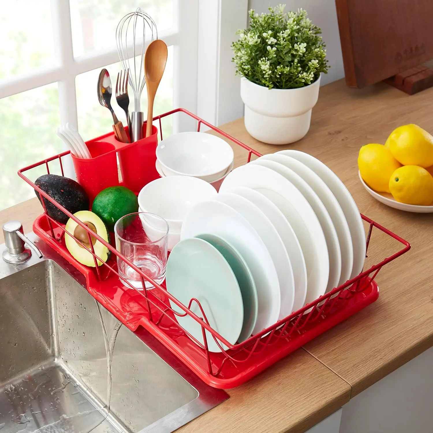 Space-Saving 3-Piece Dish Drainer Rack Set Efficient Kitchen Organizer for Quick Drying and Storage Includes Cutlery Holder and Drainboard Maximize Countertop Space, Bright Red