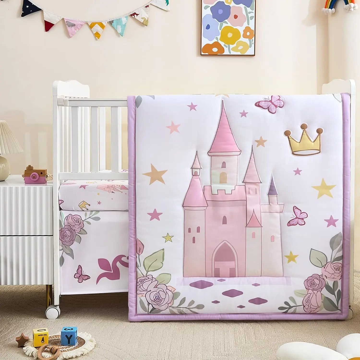3-Piece Crib Bedding Set for Girls - Ultra Soft Baby Bedding Set Includes Crib Comforter, Sheet & Skirt (Purple)