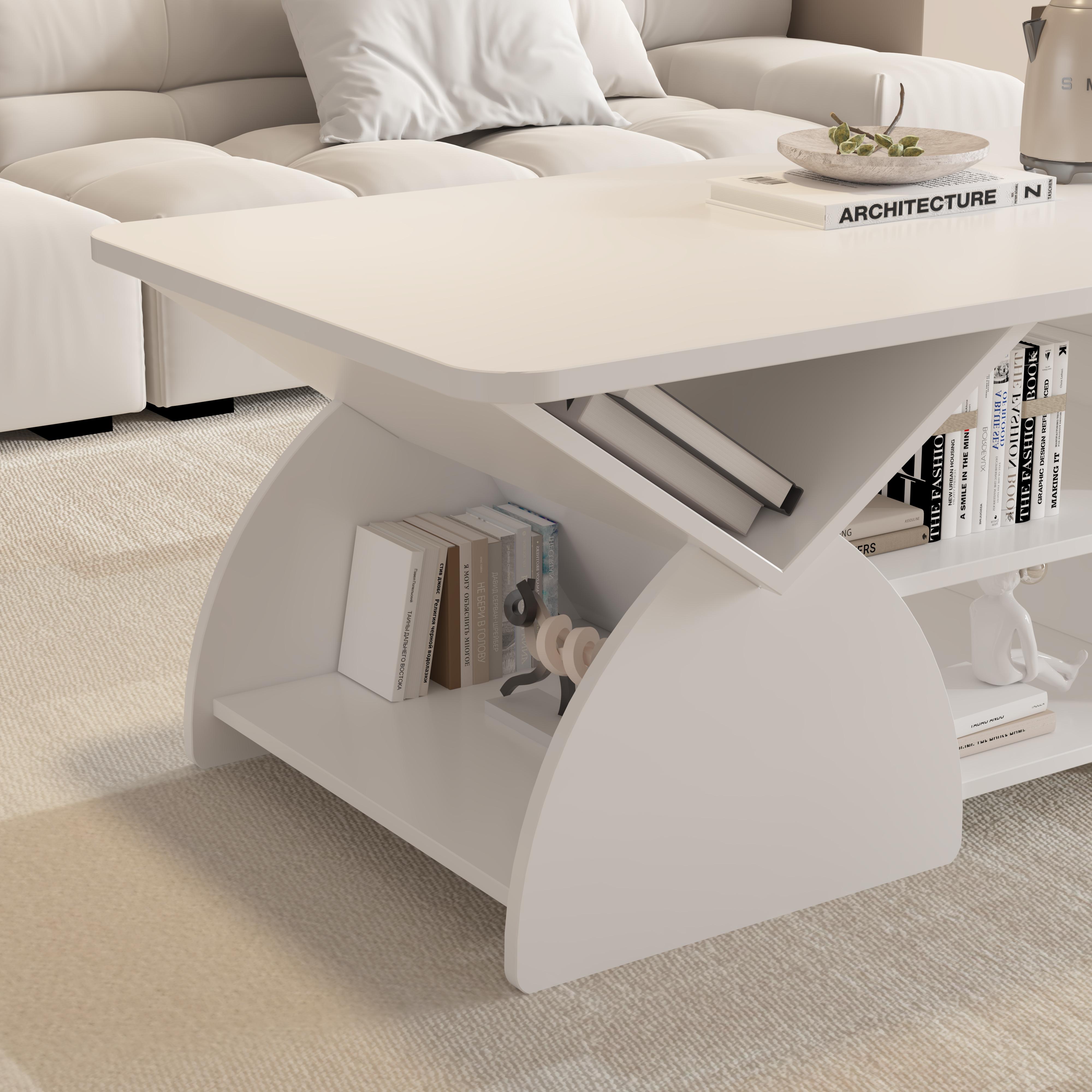 Engineered wood rounded corner rectangular coffee table for living room, easy assembly storage table with open shelves sturdy frame for Reception Room, Modern Coffee Table Geometric Design