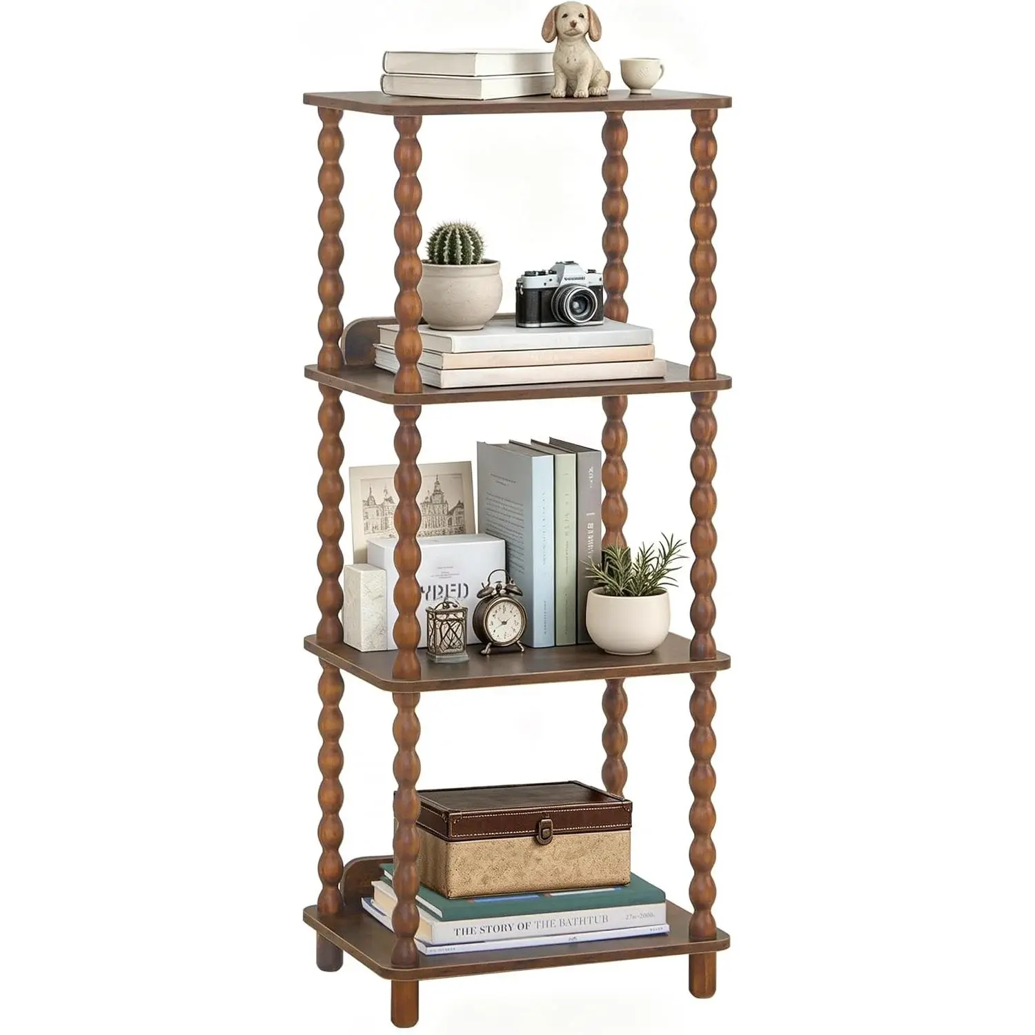 Book Shelf, 4-Tier Bookshelf with Storage, Small Bookcase Display Shelves for Small Spaces, Bedroom, Living Room and Office with Solid Wood Legs (Rustic Brown)