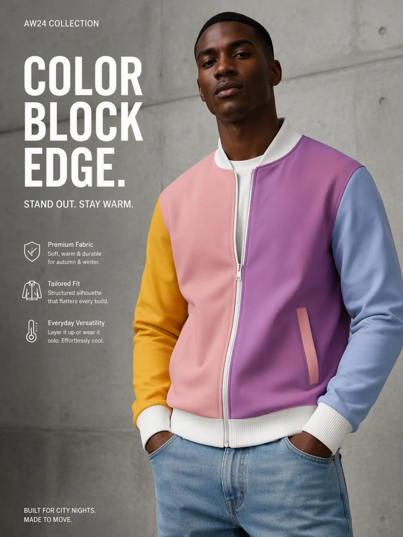 Men's Pastel Colorblock Full Zip Bomber Jacket, Vintage Baseball Collar Windproof Jacket, Minimalist Streetwear Fall Winter Outer Coat